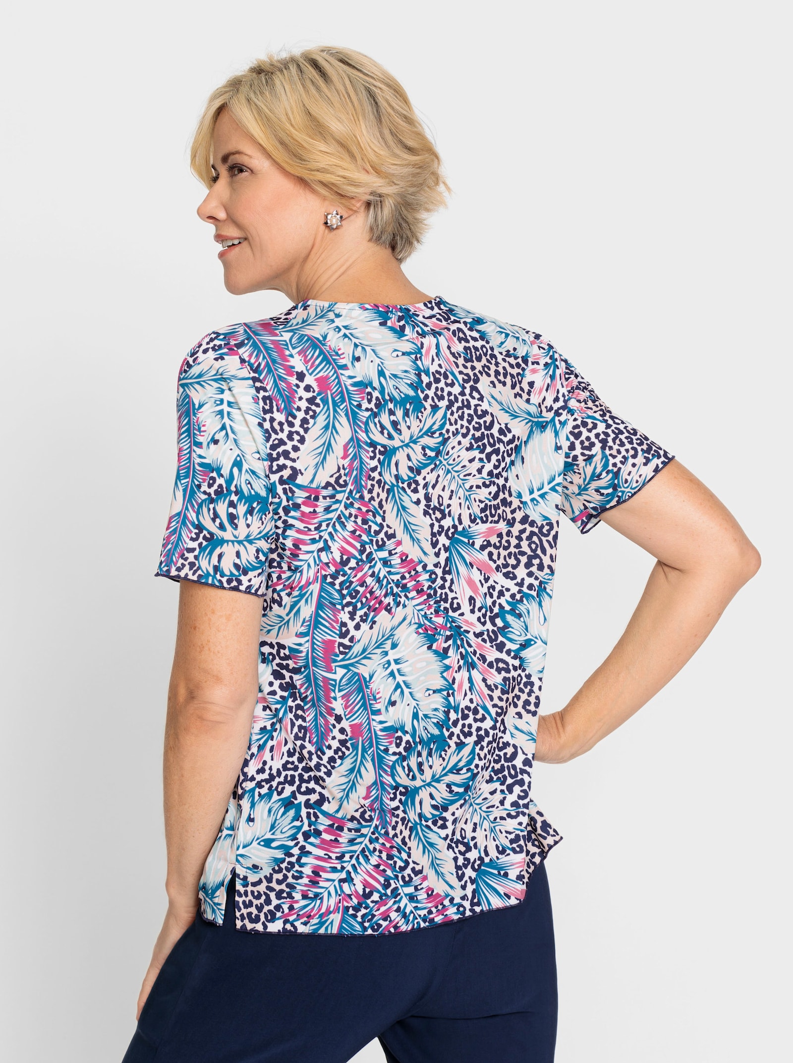 Shirt met ronde hals en patroonmix - ecru/marine geprint