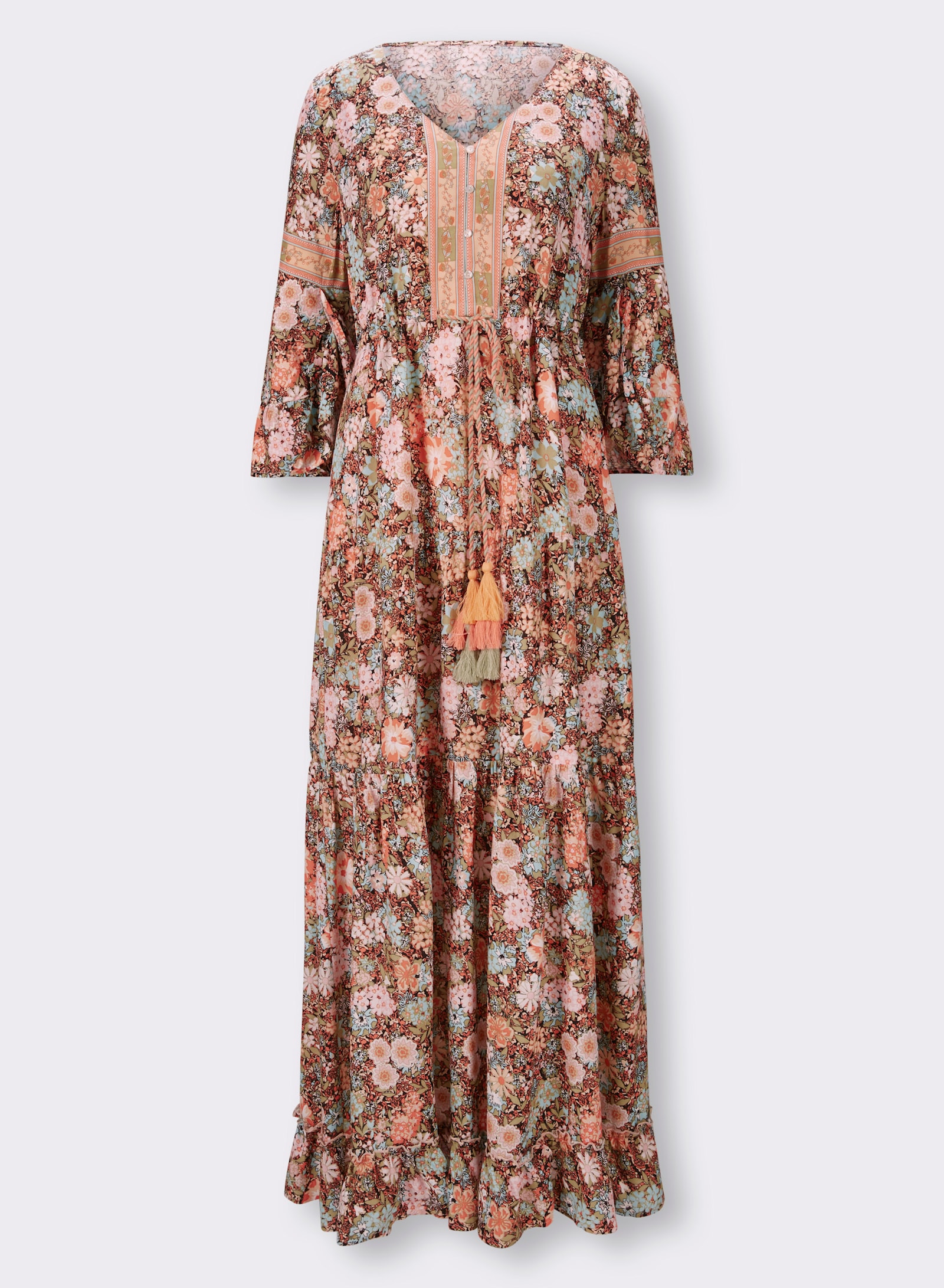 heine Druckkleid mit Trompetenärmeln - schwarz-mandarine-bedruckt