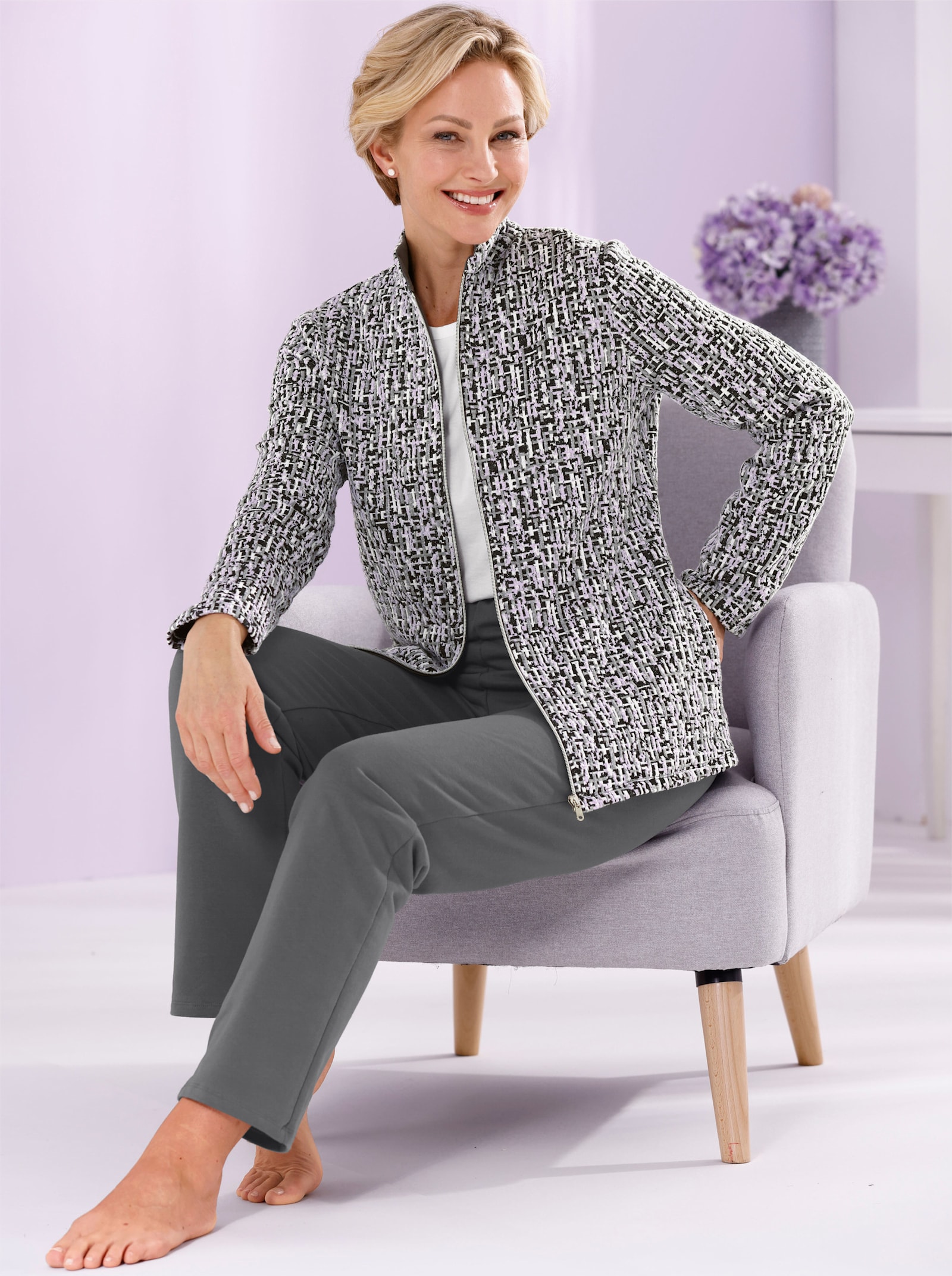 feel good Huispak - antraciet/paars gedessineerd