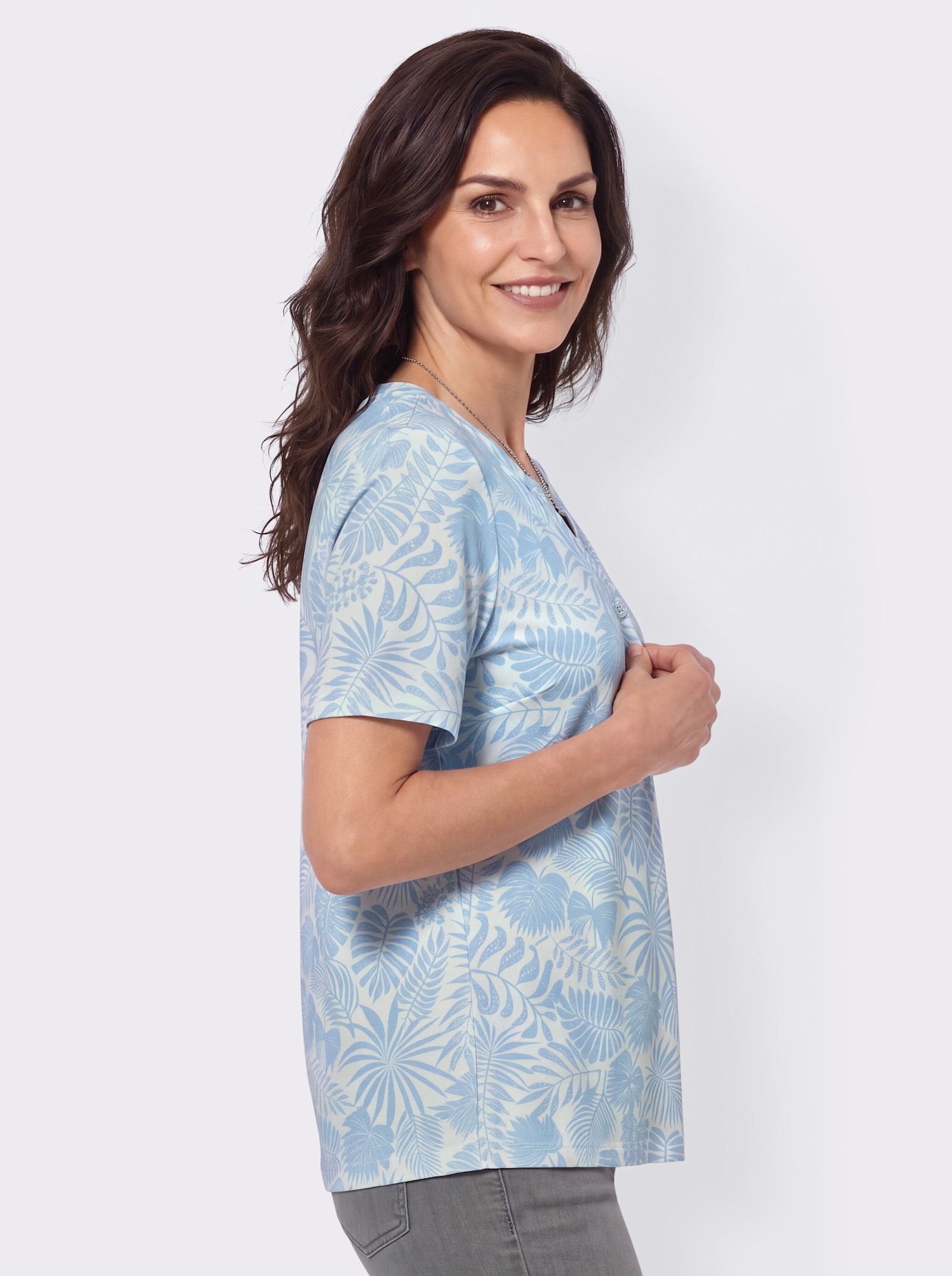 Print-Shirt mit Zierknöpfen - eisblau-ecru-bedruckt
