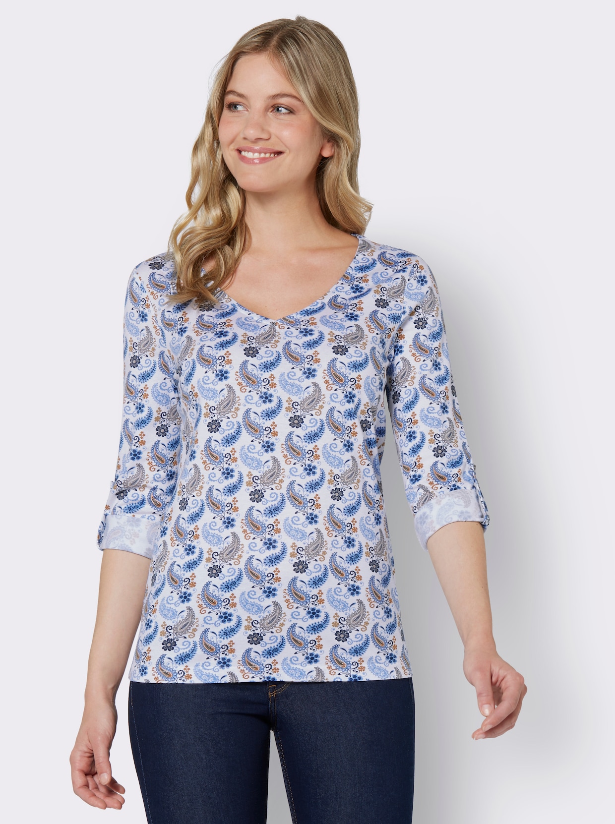 Shirt met V-hals - camel/hemelsblauw bedrukt