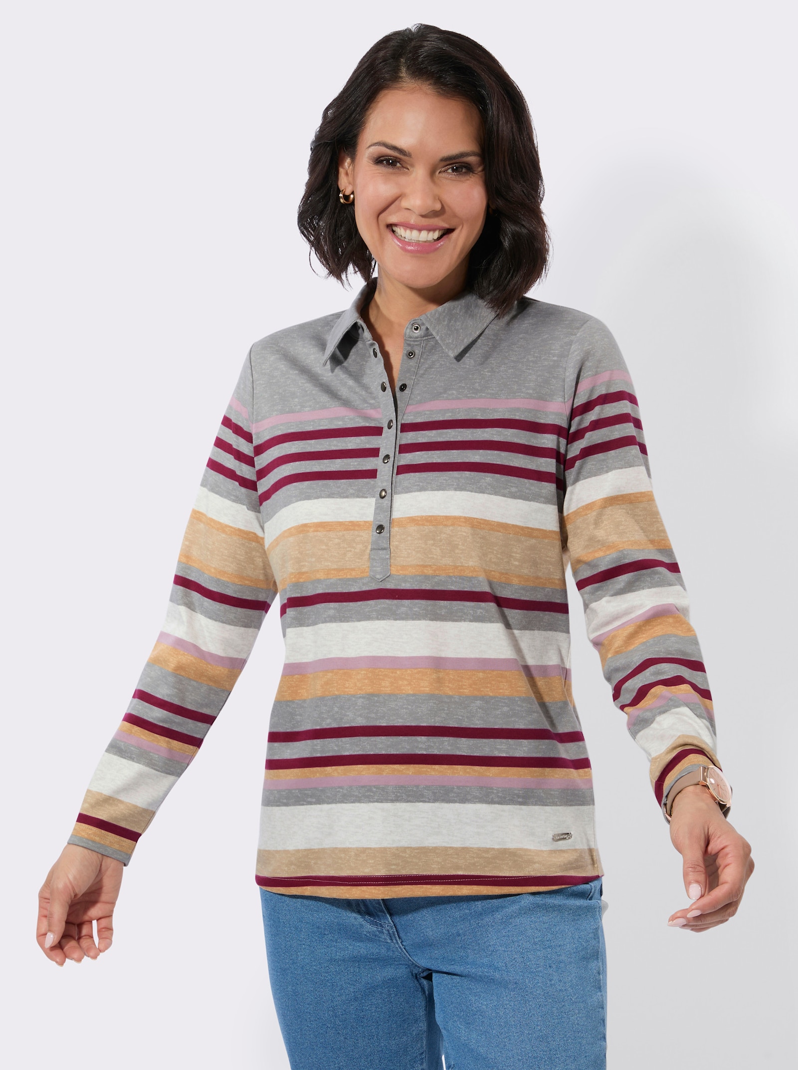 Poloshirt mit Druckknöpfen - grau-mauve-geringelt