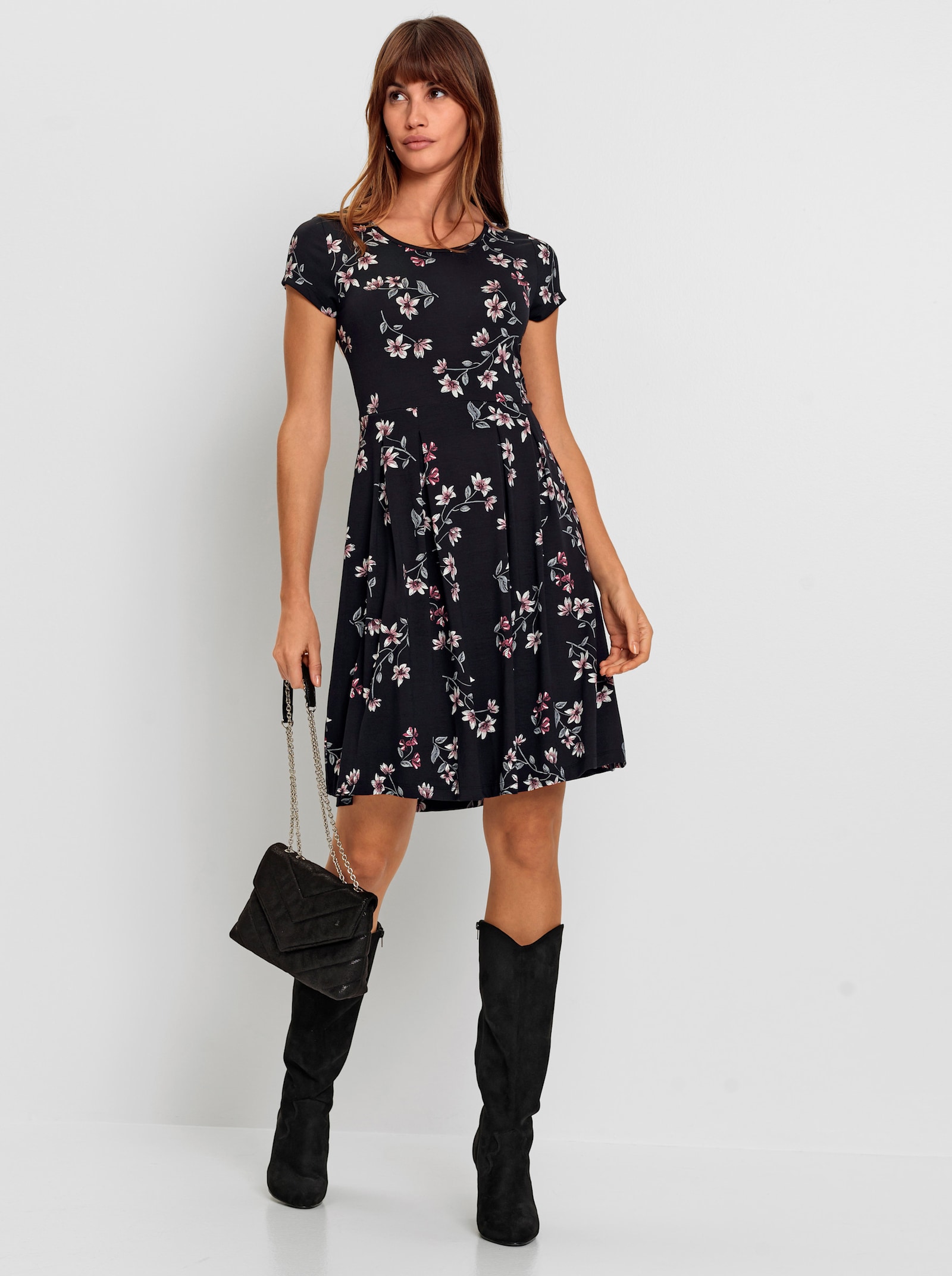 Blumenkleid in Viskose-Stretch-Qualität - schwarz-weiß-bedruckt