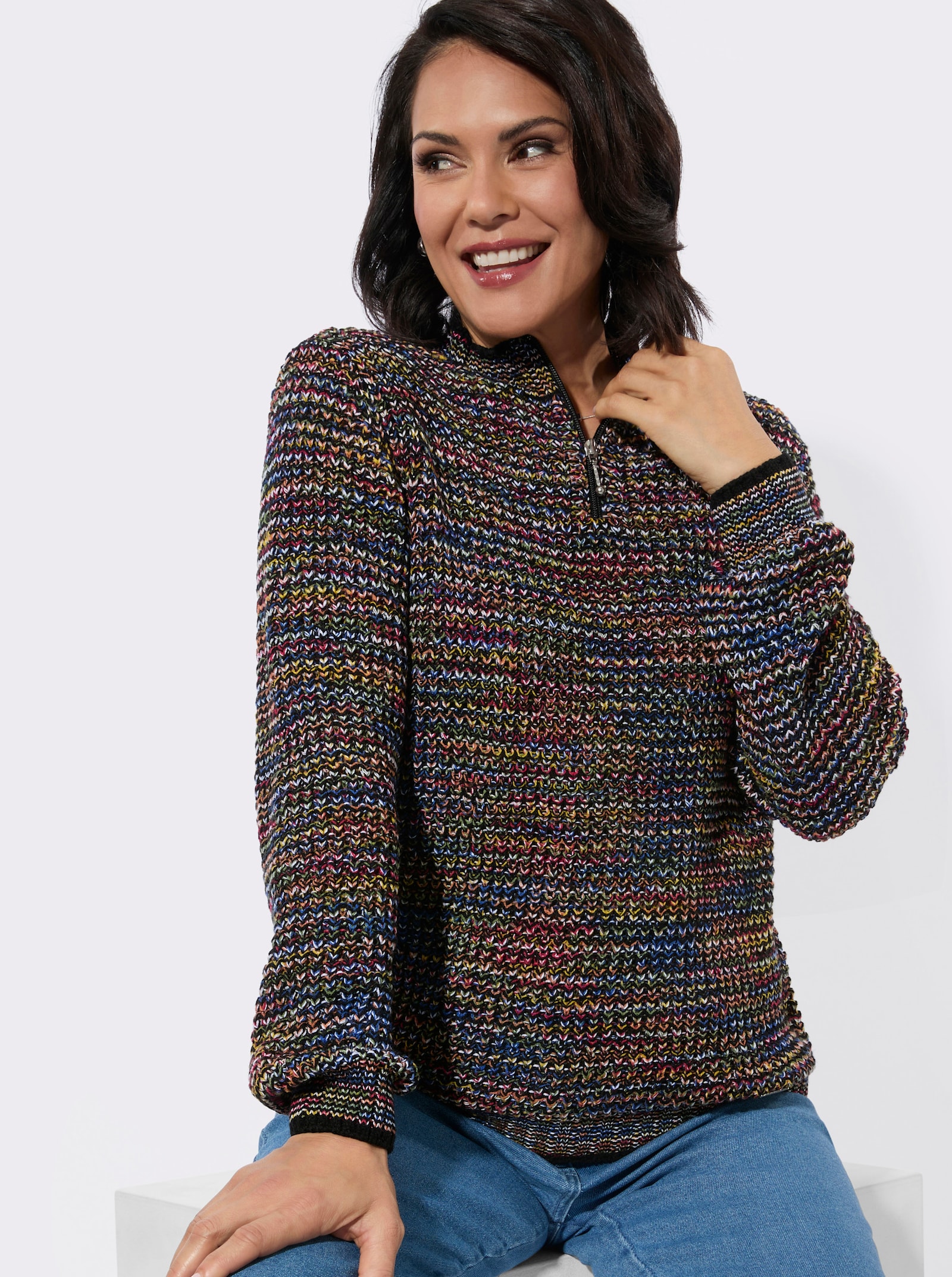 Stehkragenpullover mit kurzem Reißverschluss - rot-schwarz-gemustert