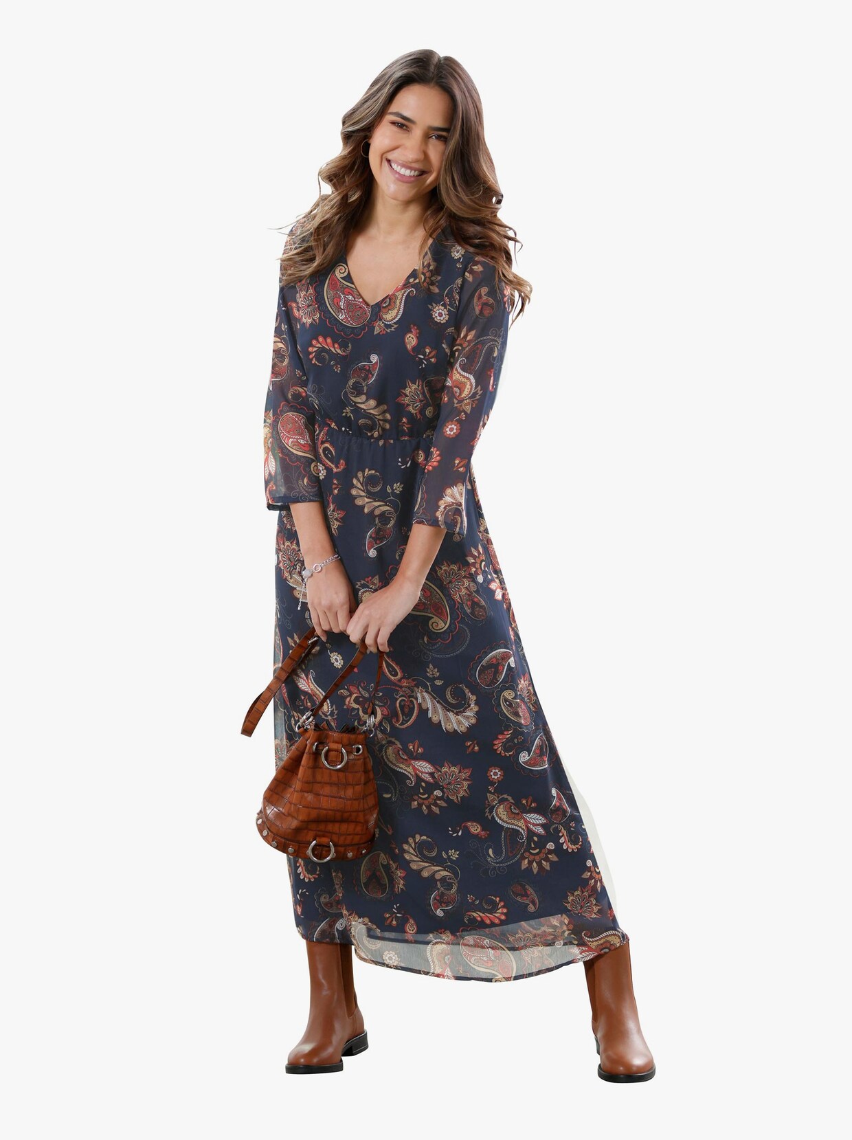 Chiffonkleid - marine-rostrot-bedruckt