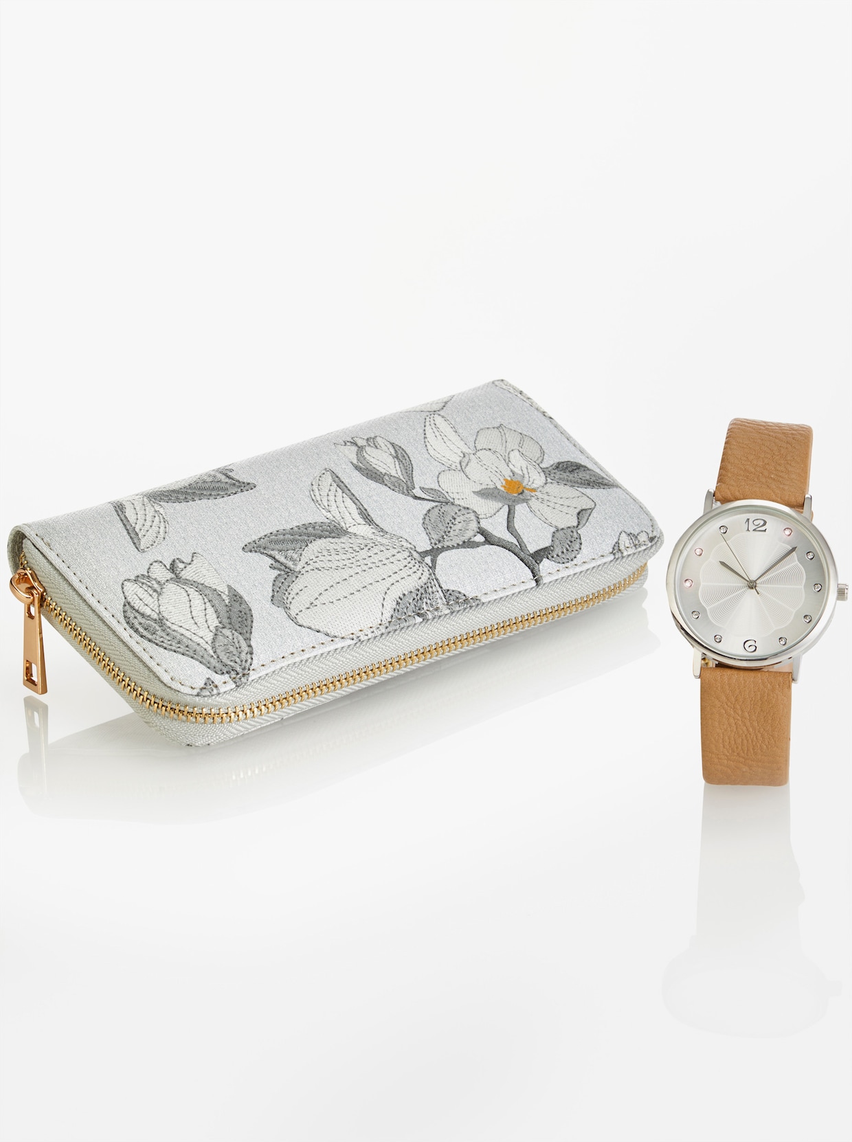 Plånbok + klocka - grå, blommig