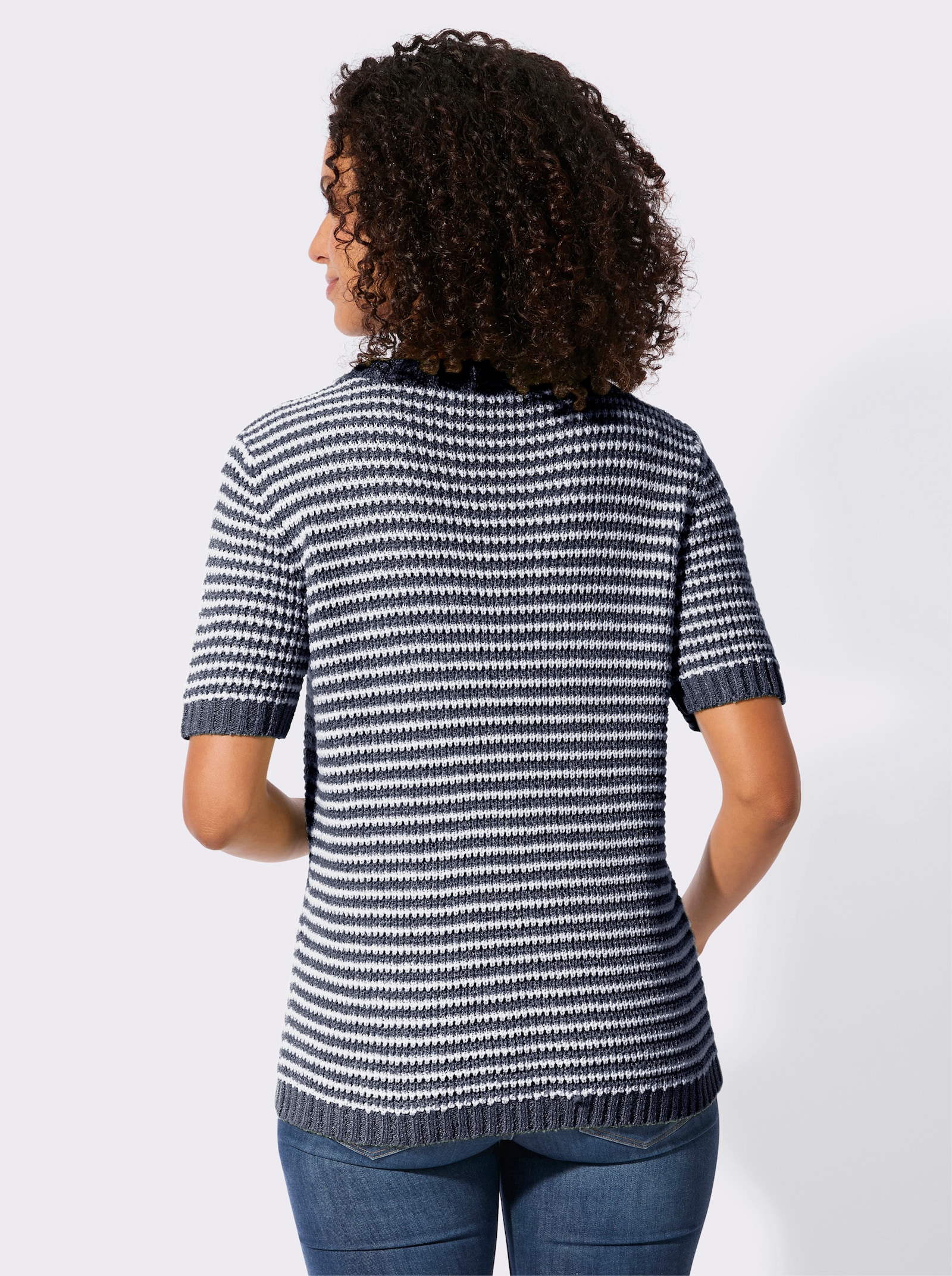 Kurzarmpullover im Ringelmuster - marine-ecru-geringelt
