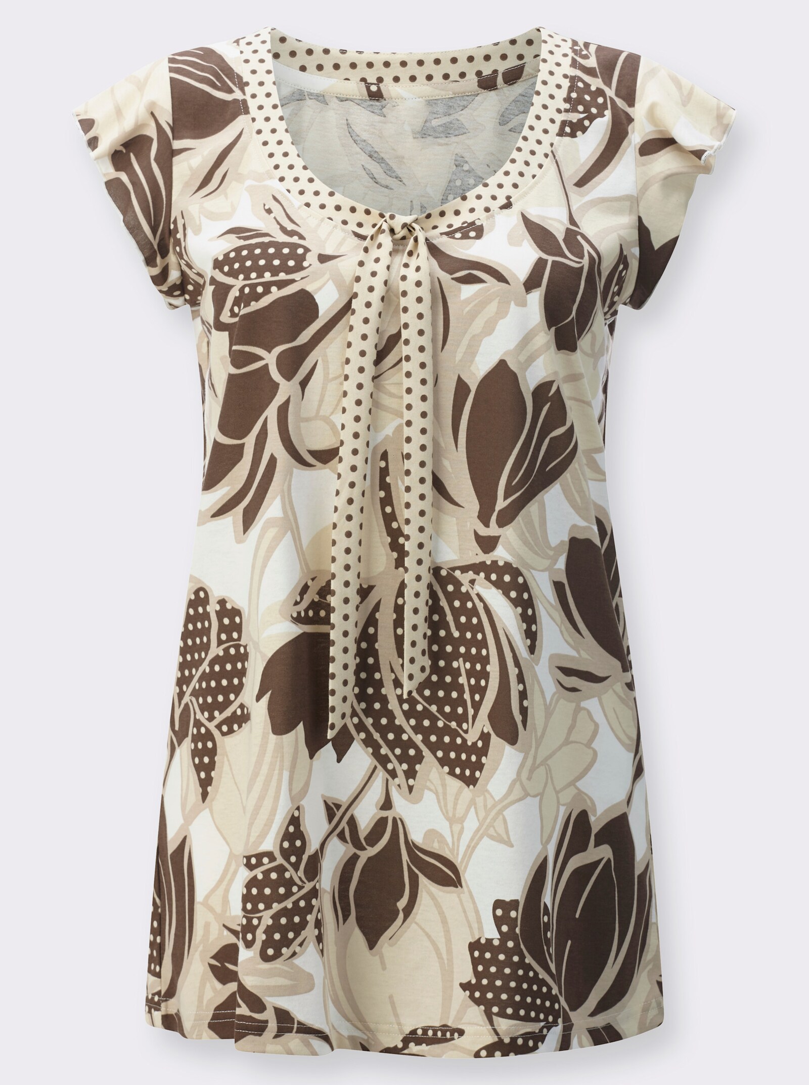 Lång topp med knytband - sand-choklad, med tryck