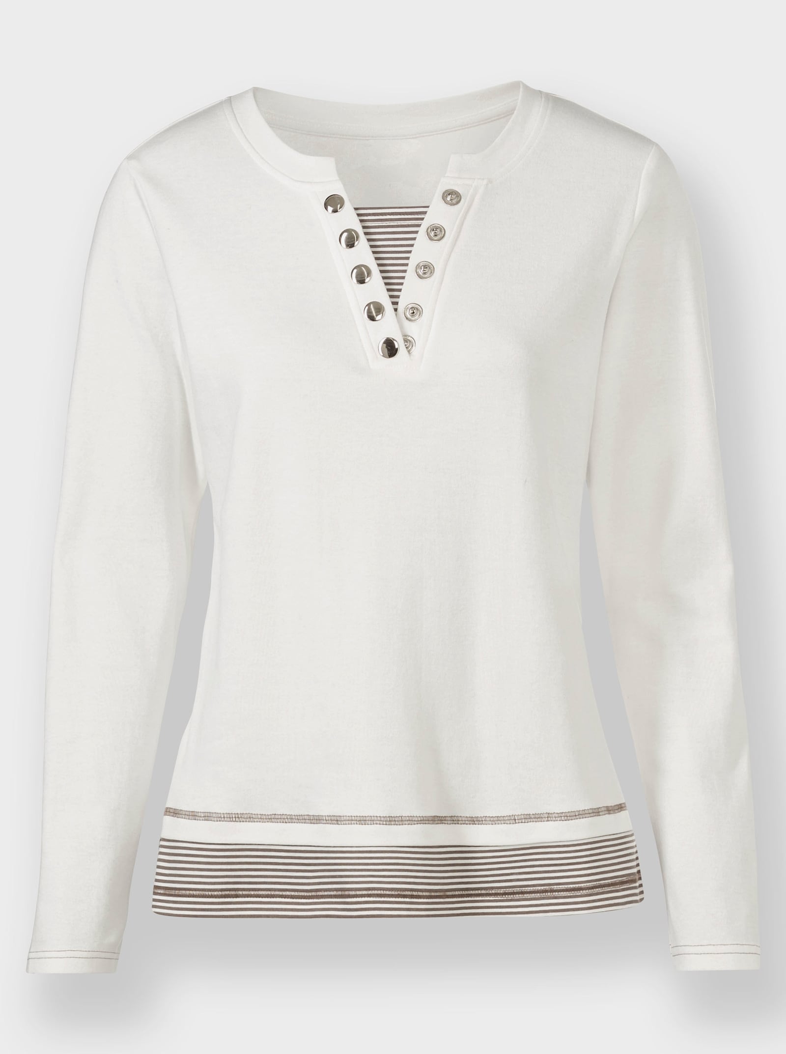 Rundhalsshirt mit gestreiften Einsätzen - ecru-dunkeltaupe-geringelt