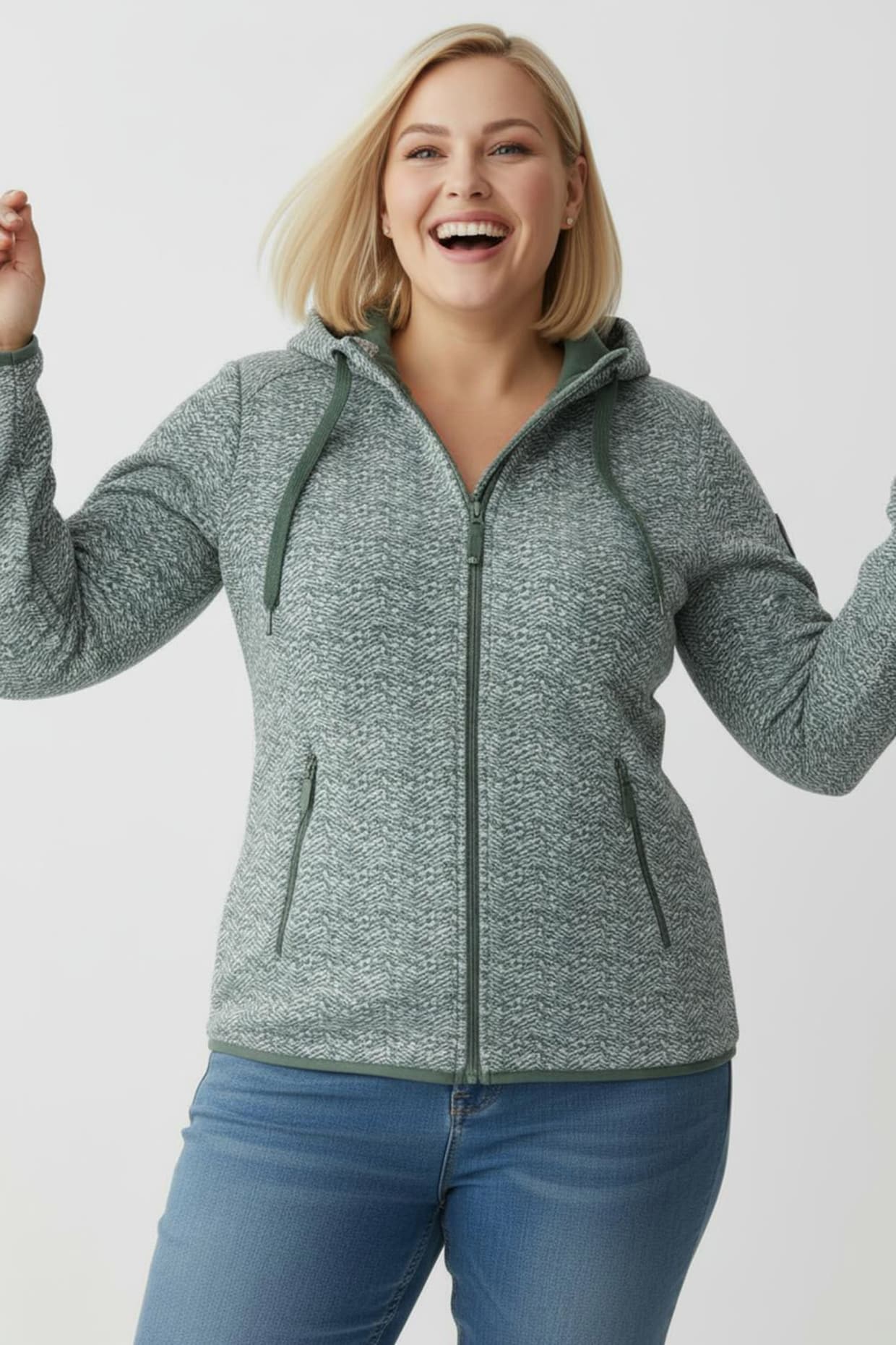 Kapuzenfleecejacke mit abnehmbarer Kapuze - grün-weiß-gemustert