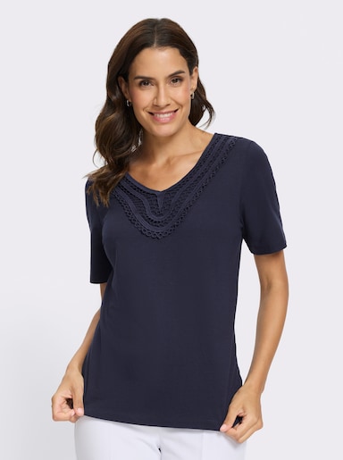 Kurzarmshirt mit Spitzenverzierung - marine