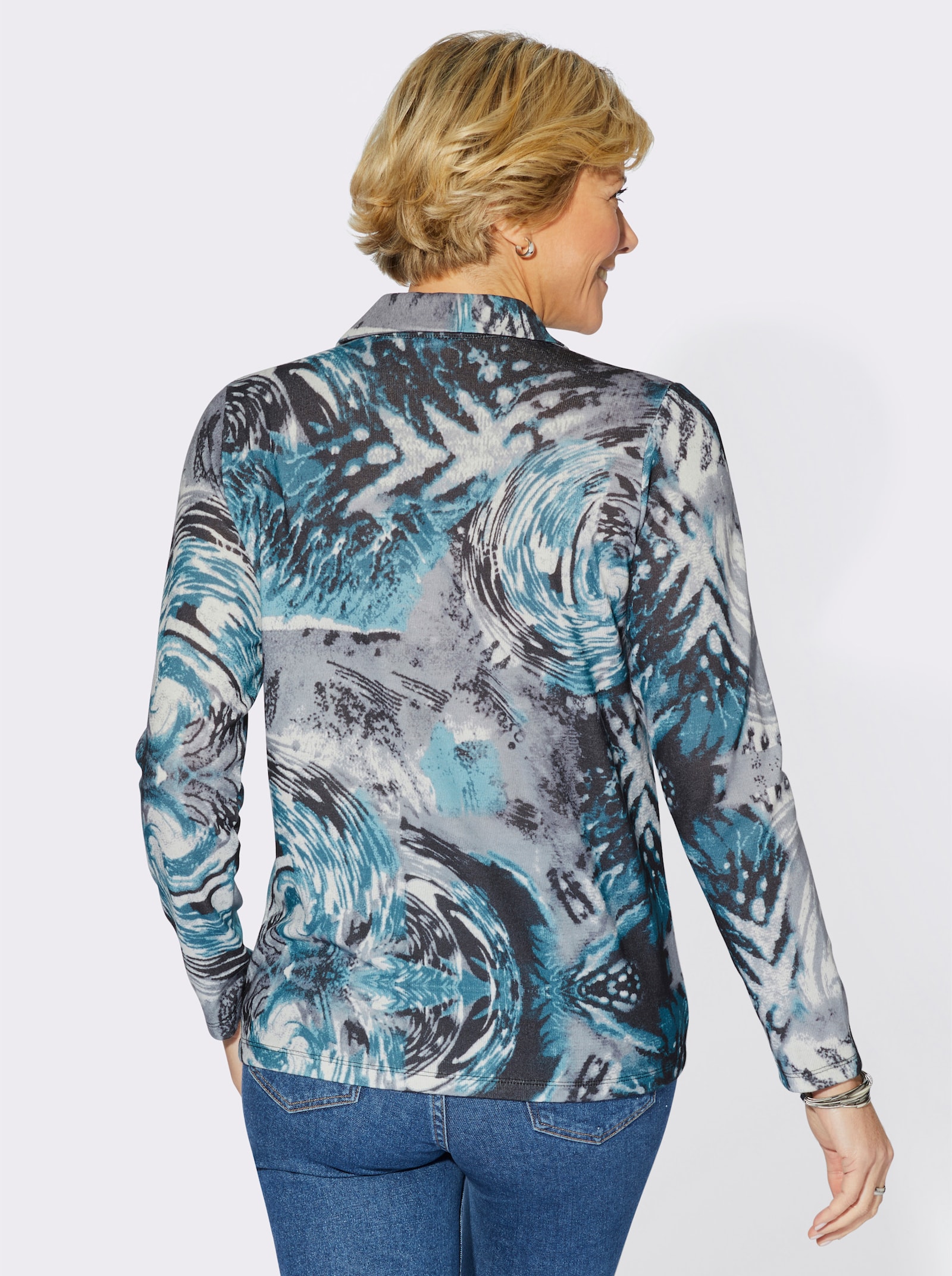 Poloshirt mit unterlegtem Reißverschluss - petrol-grau-bedruckt