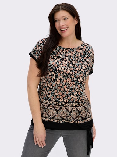 Kurzarmshirt mit Bindeband am Saum - papaya-schwarz-bedruckt