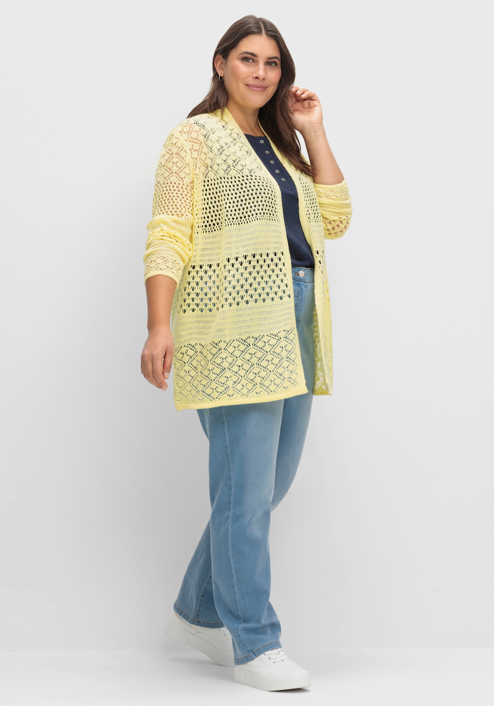 Ajourstrickjacke in langer, offener Form - zitrone