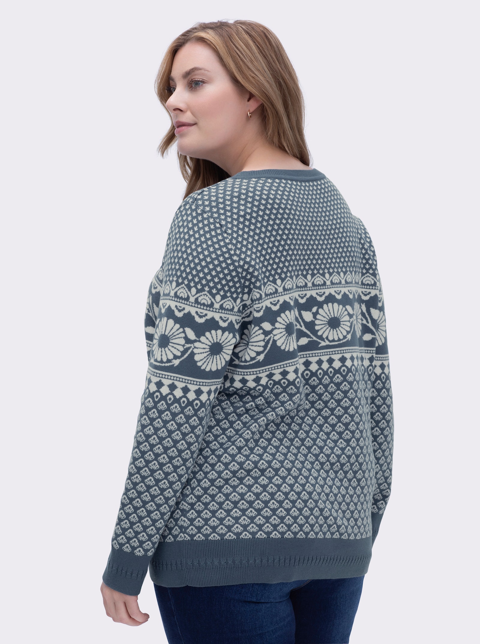 Jacquard-Pullover im Norwegerstil - rauchblau-champagner-gemustert