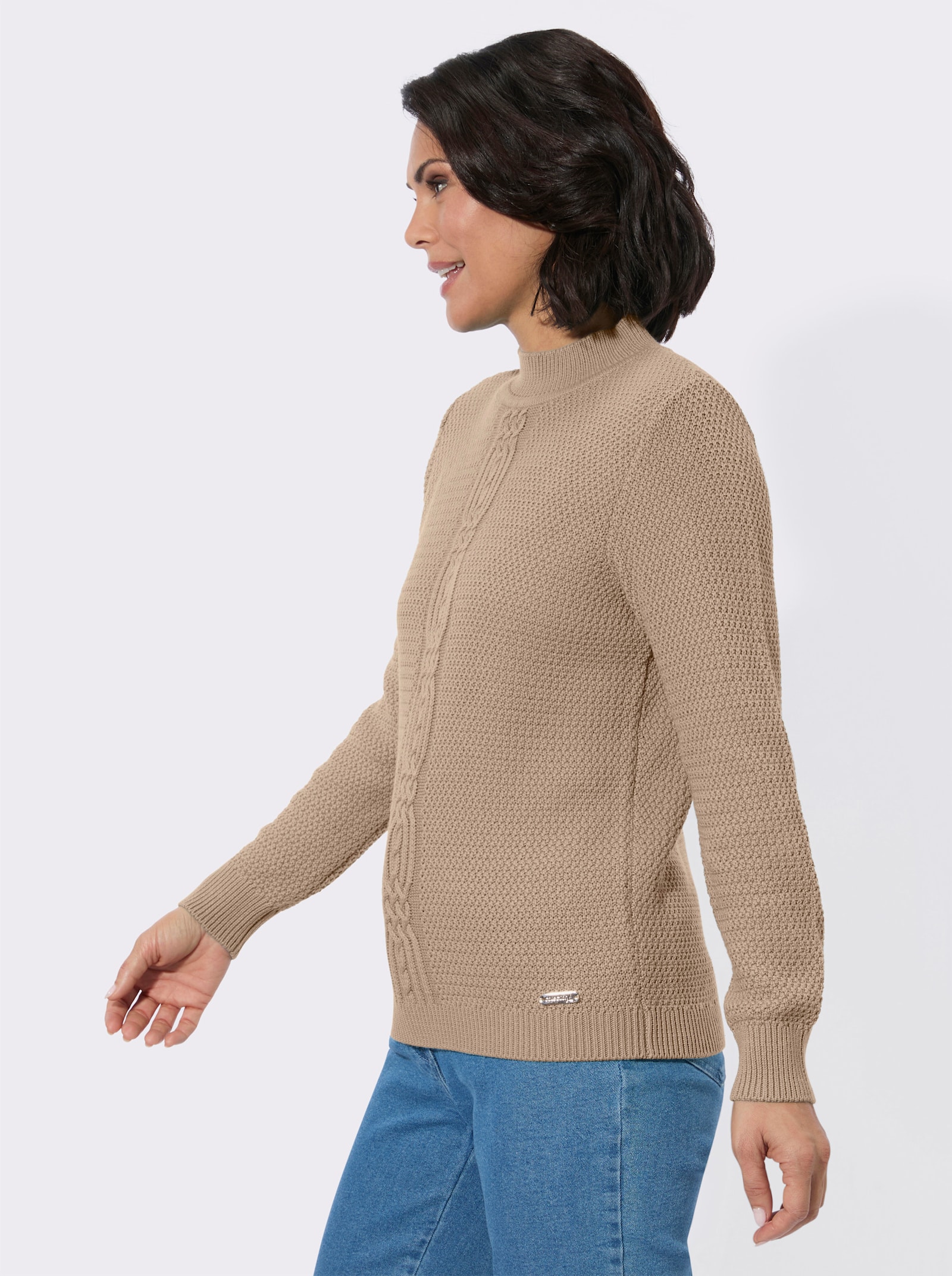 Rollkragenpullover mit Strickmuster vorne - beige