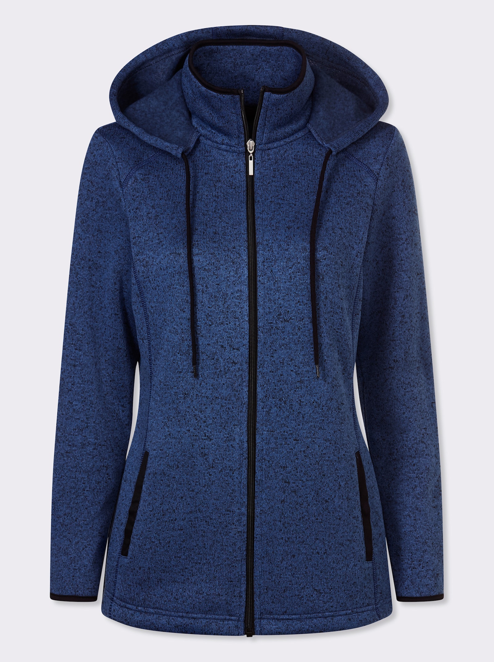 Bunda z fleecového úpletu s kapucí - džínová-černá-melír