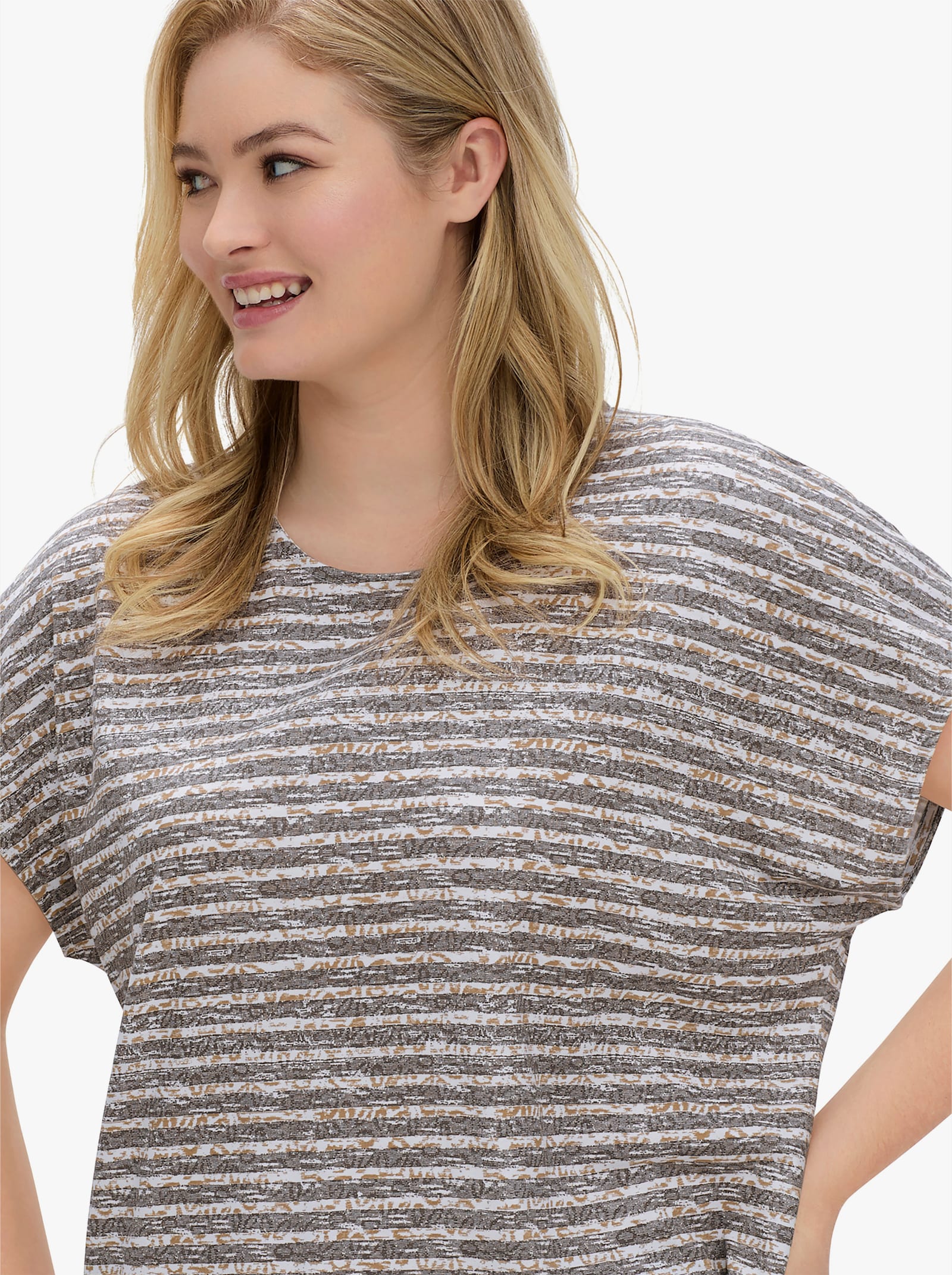 Rundhalsshirt mit weicher Baumwolle - taupe-ecru-geringelt
