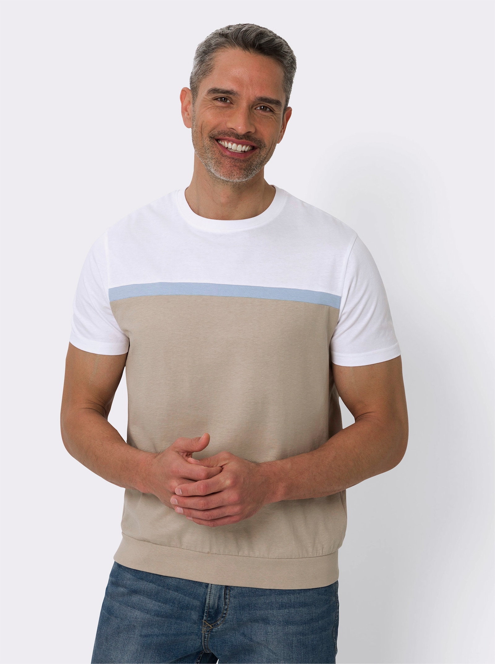 Rundhals-Shirt - weiss-bleu-beige
