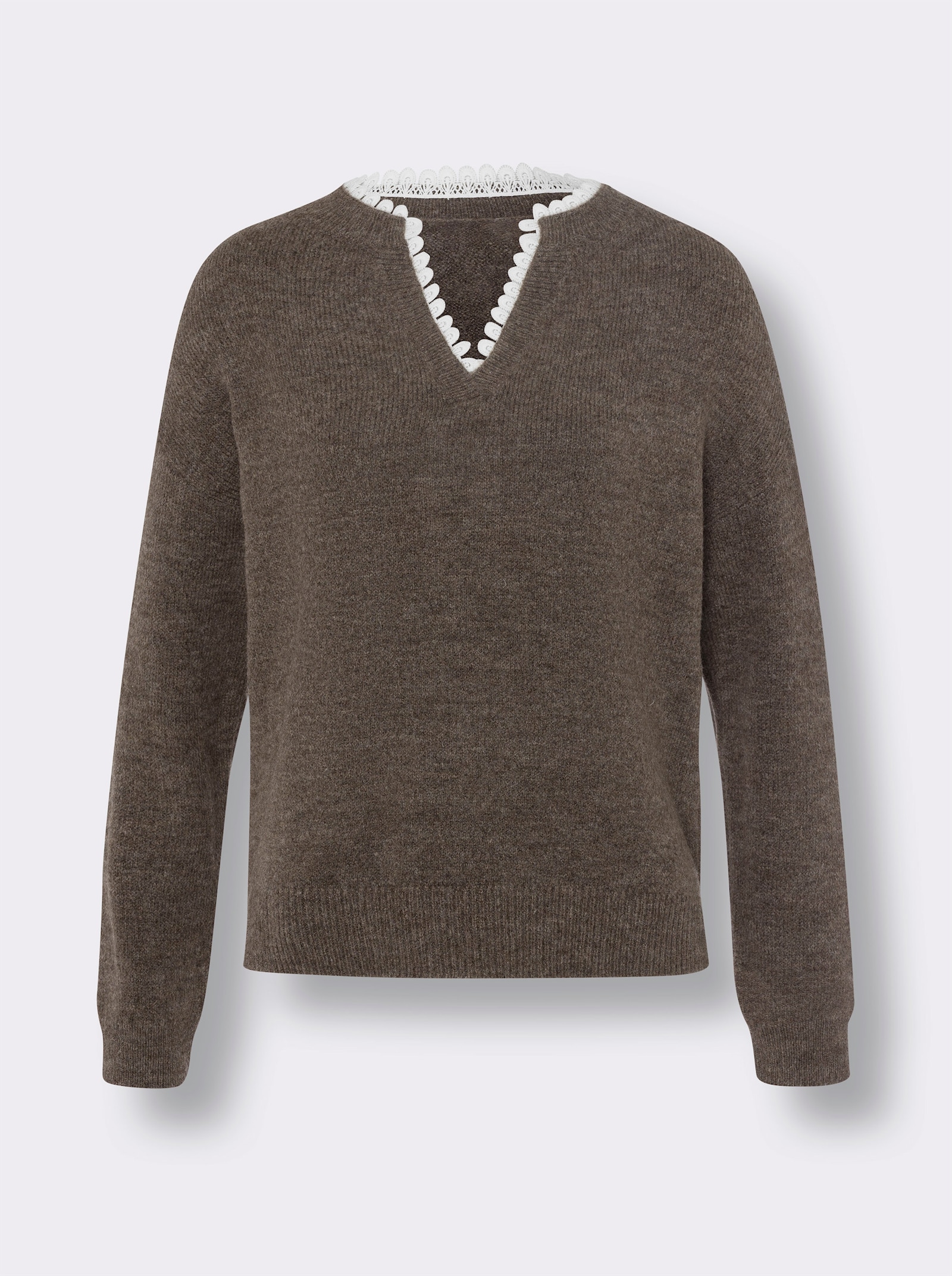 heine Pullover mit Spitzeneinsatz - dunkeltaupe-meliert