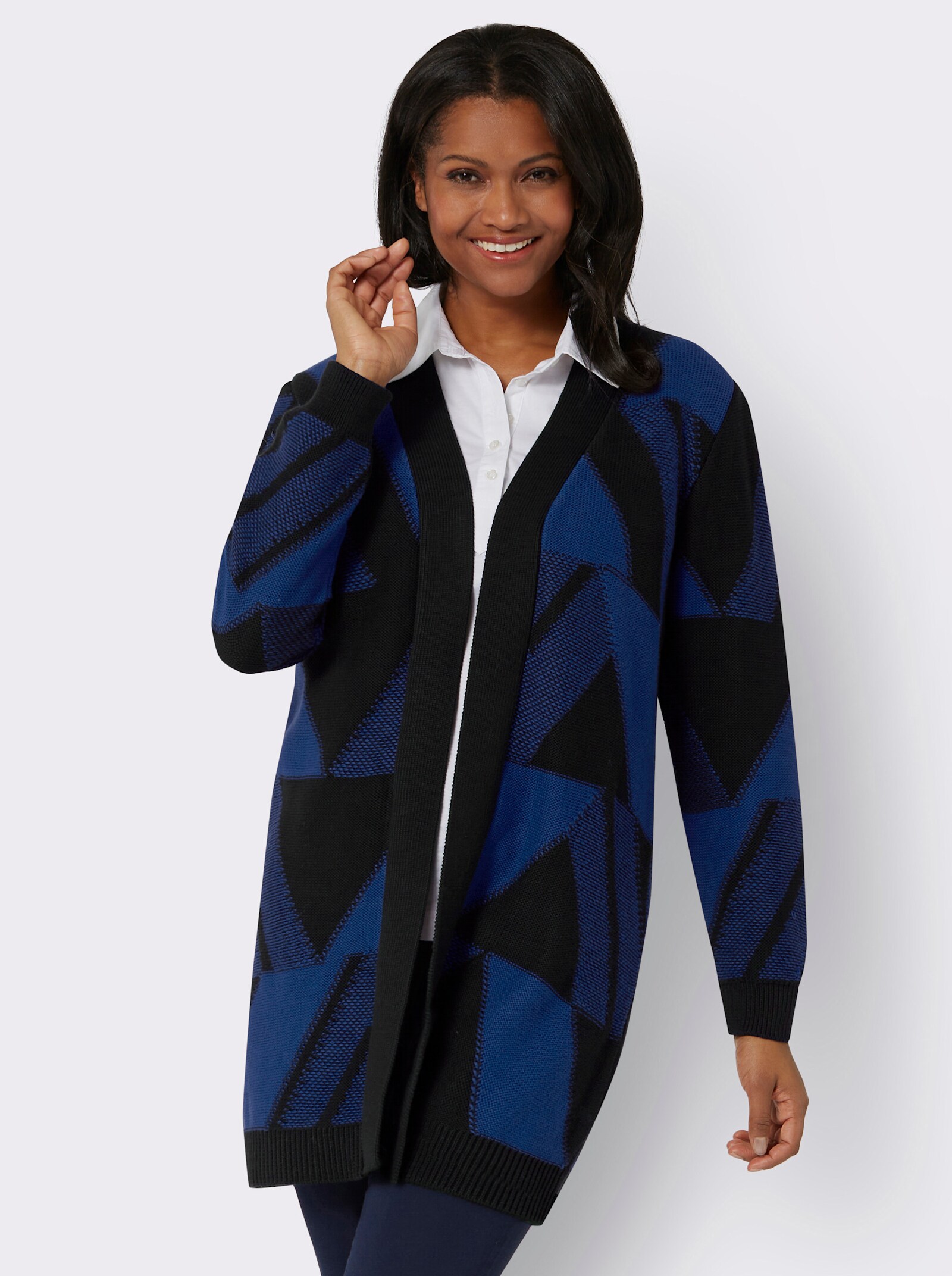 Strickmantel mit Jacquard-Muster, grafisch - royalblau-schwarz-gemustert