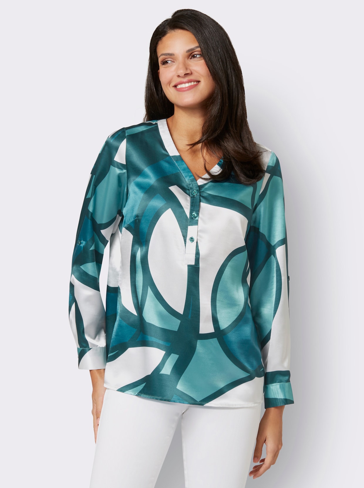 Blouse met print - ecru/petrol bedrukt