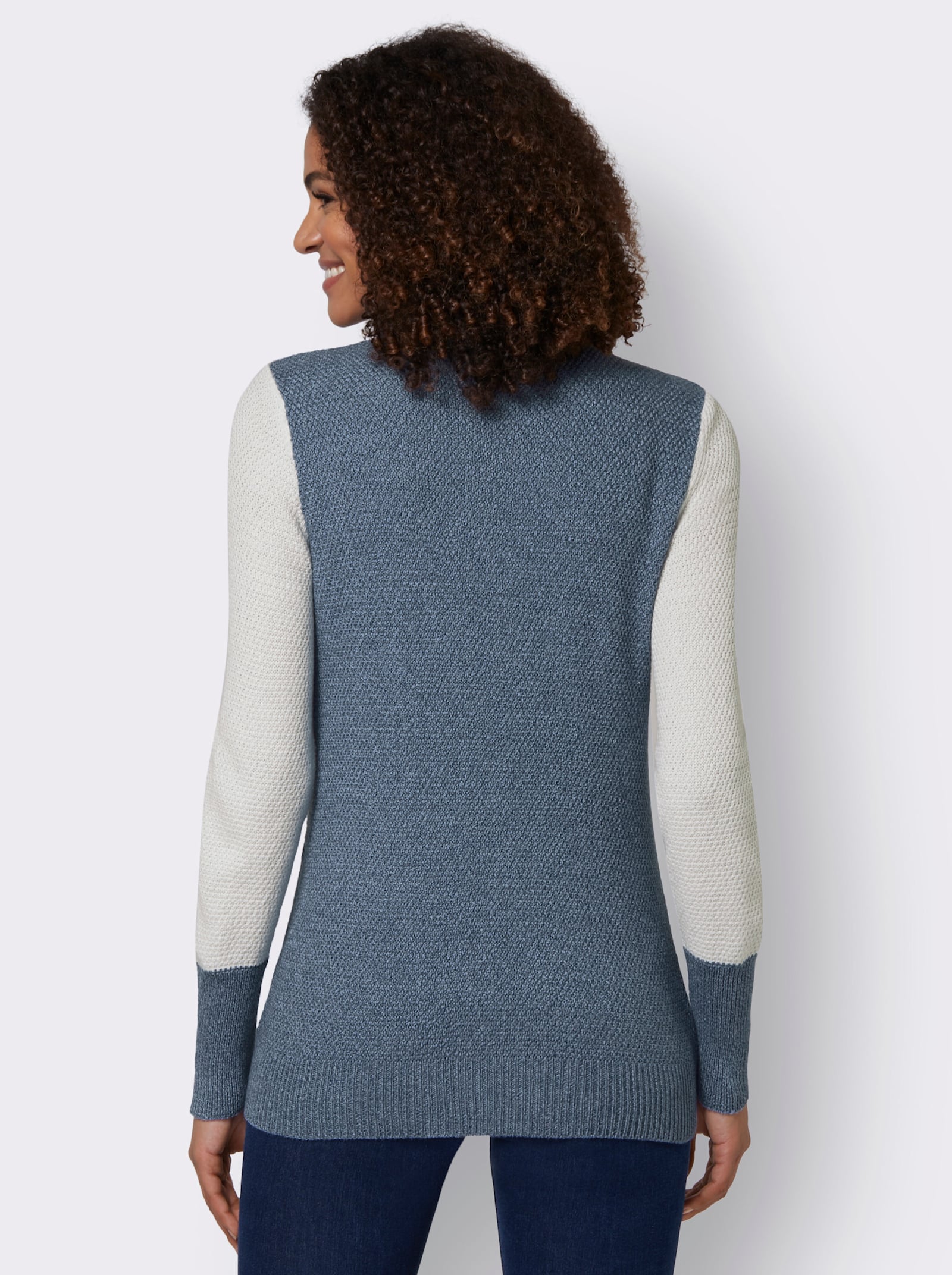 Langarm-Pullover mit Color-Blocking-Muster - rauchblau-ecru-meliert