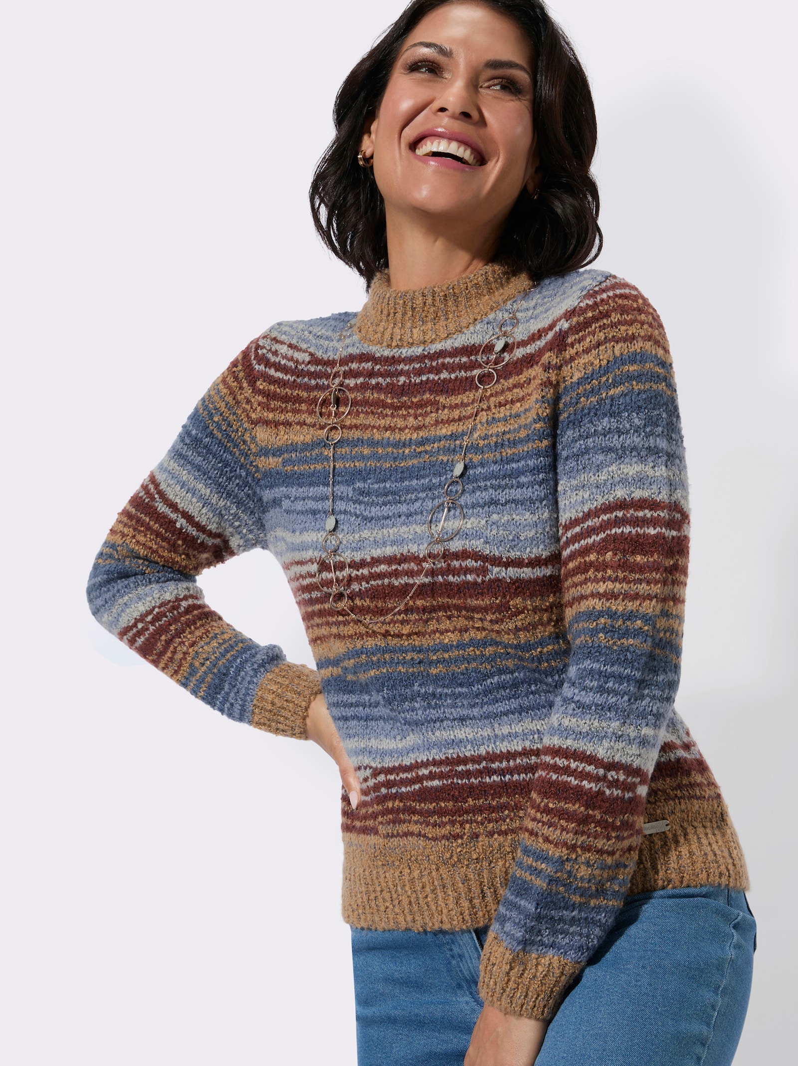 Bouclé-Pullover mit Multicolour-Streifen - rauchblau-camel-geringelt