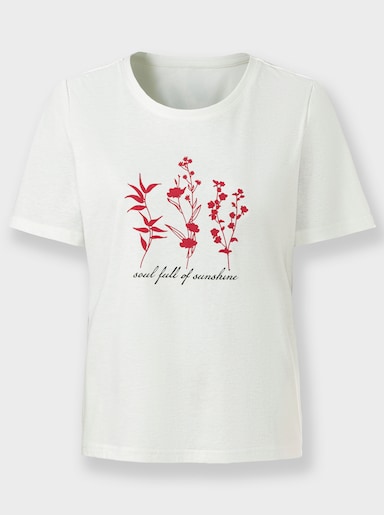 Kurzarmshirt mit floralem Motiv - ecru-erdbeere-bedruckt
