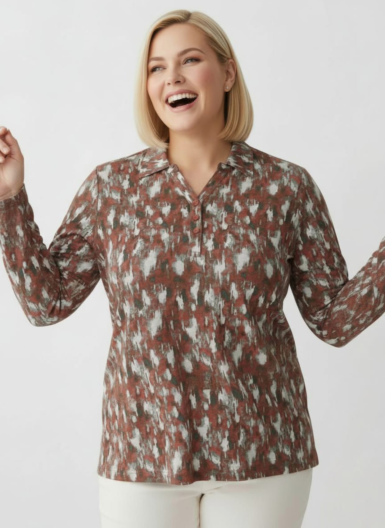 Poloshirt mit kurzer Knopfleiste - rostrot-graphit-bedruckt