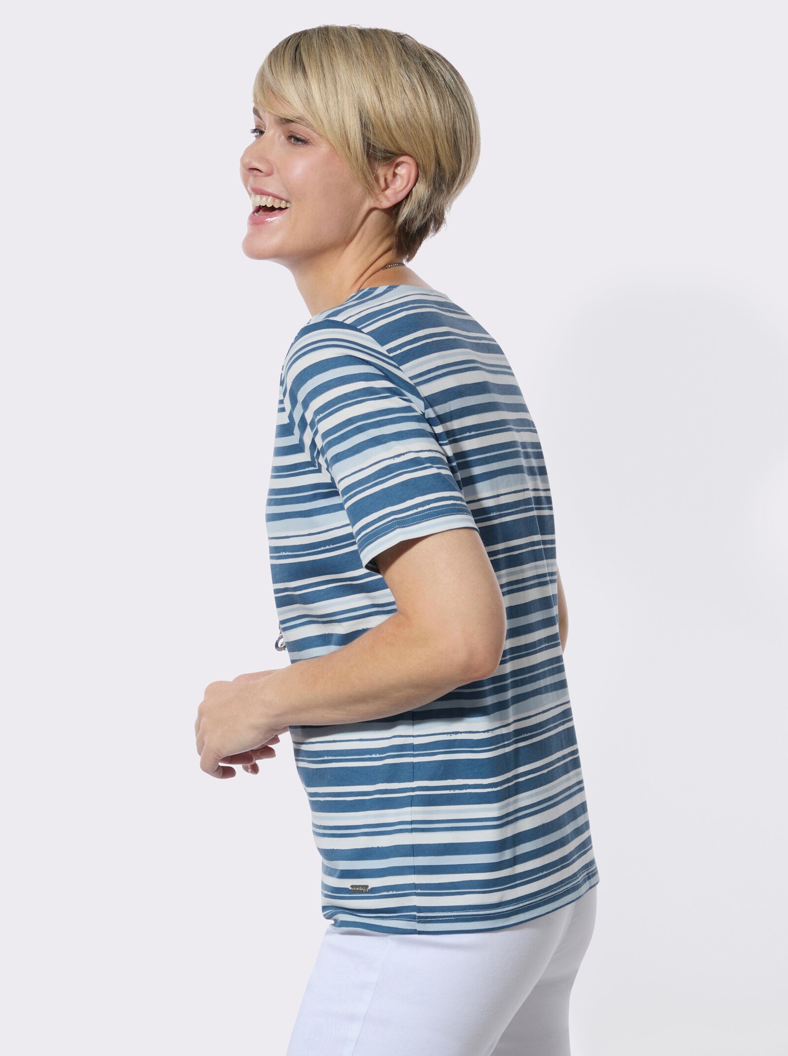 Kurzarmshirt im Ringel-Dessin - jeansblau-ecru-bedruckt