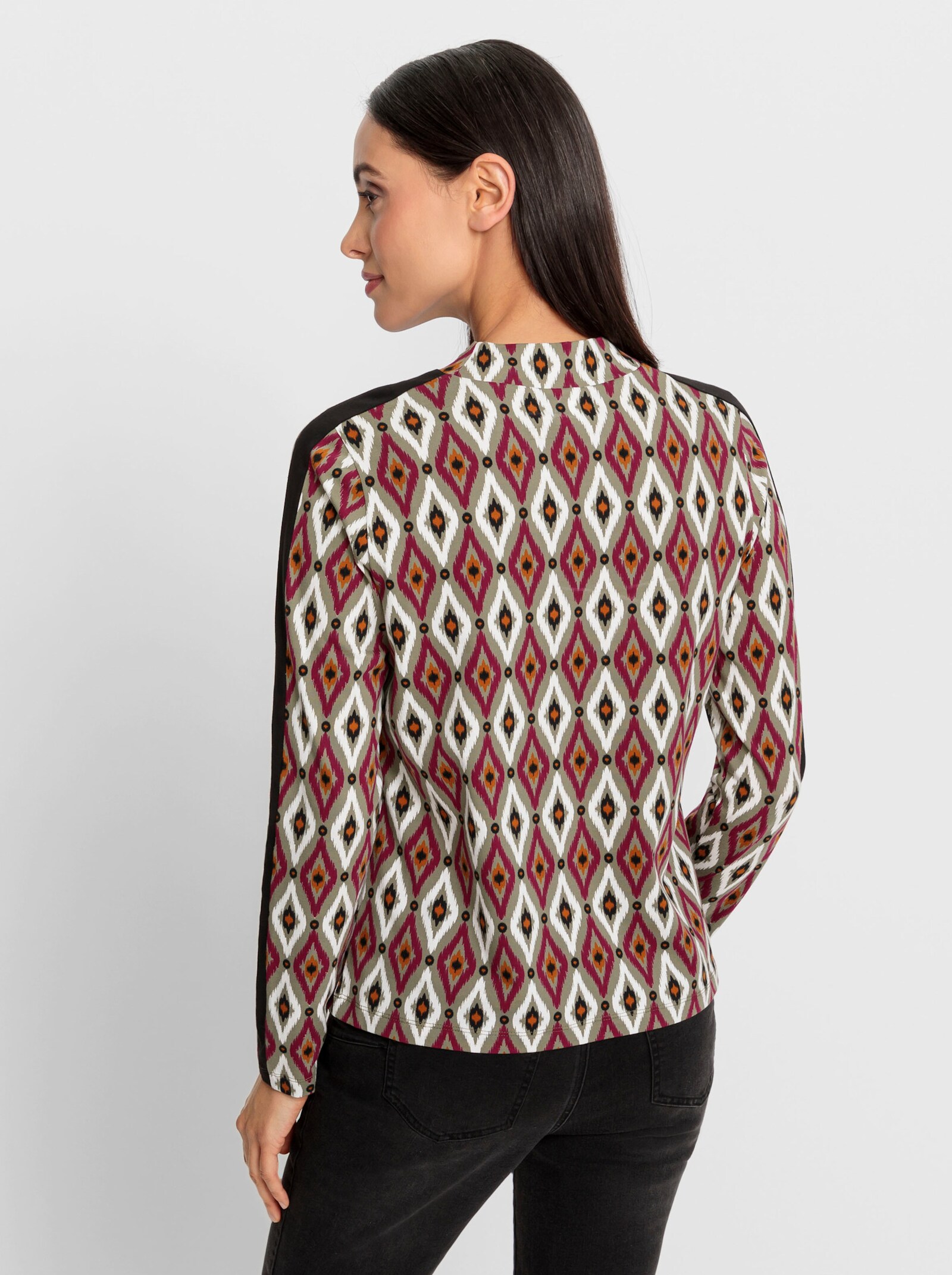 heine Stehkragenshirt mit Kontraststreifen - khaki-bordeaux-bedruckt