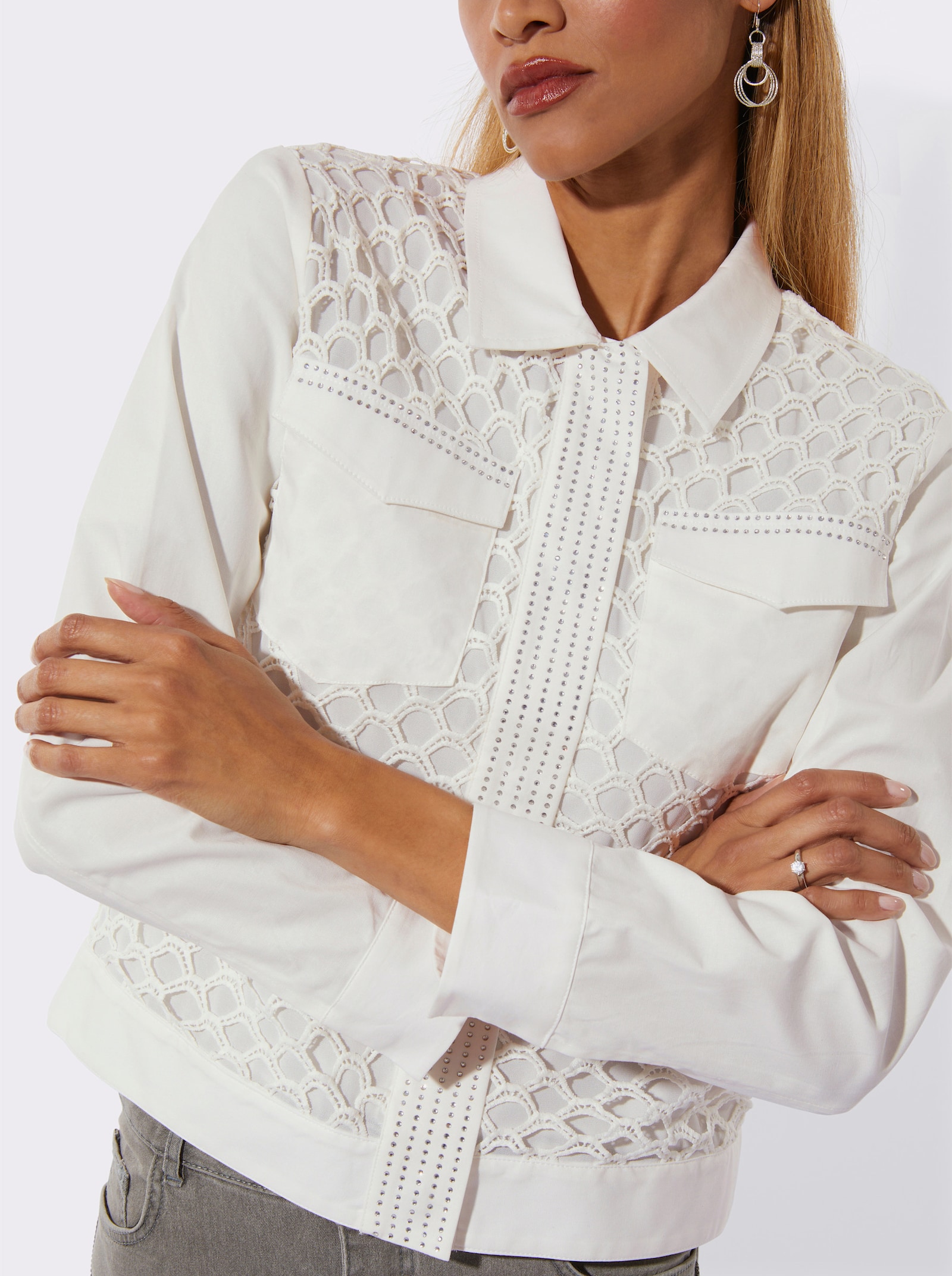Spitzenblazer mit Deko-Steinchen - ecru