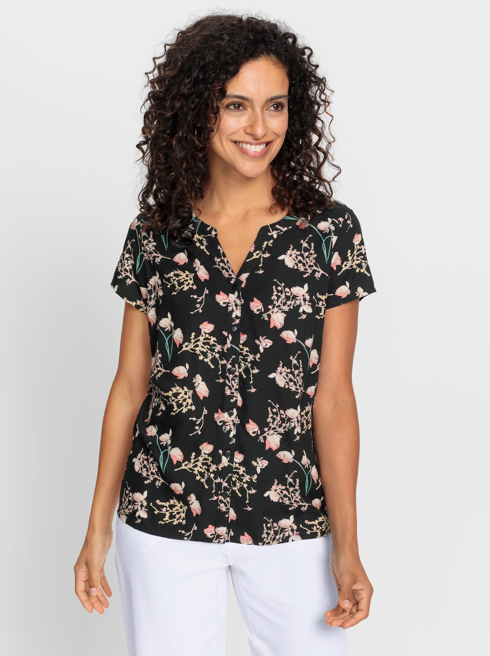 Chemisier à manches courtes avec imprimé floral - noir-blanc à motifs