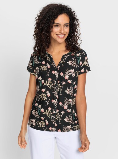 Kurzarm-Bluse mit floralem Druck - schwarz-weiß-gemustert