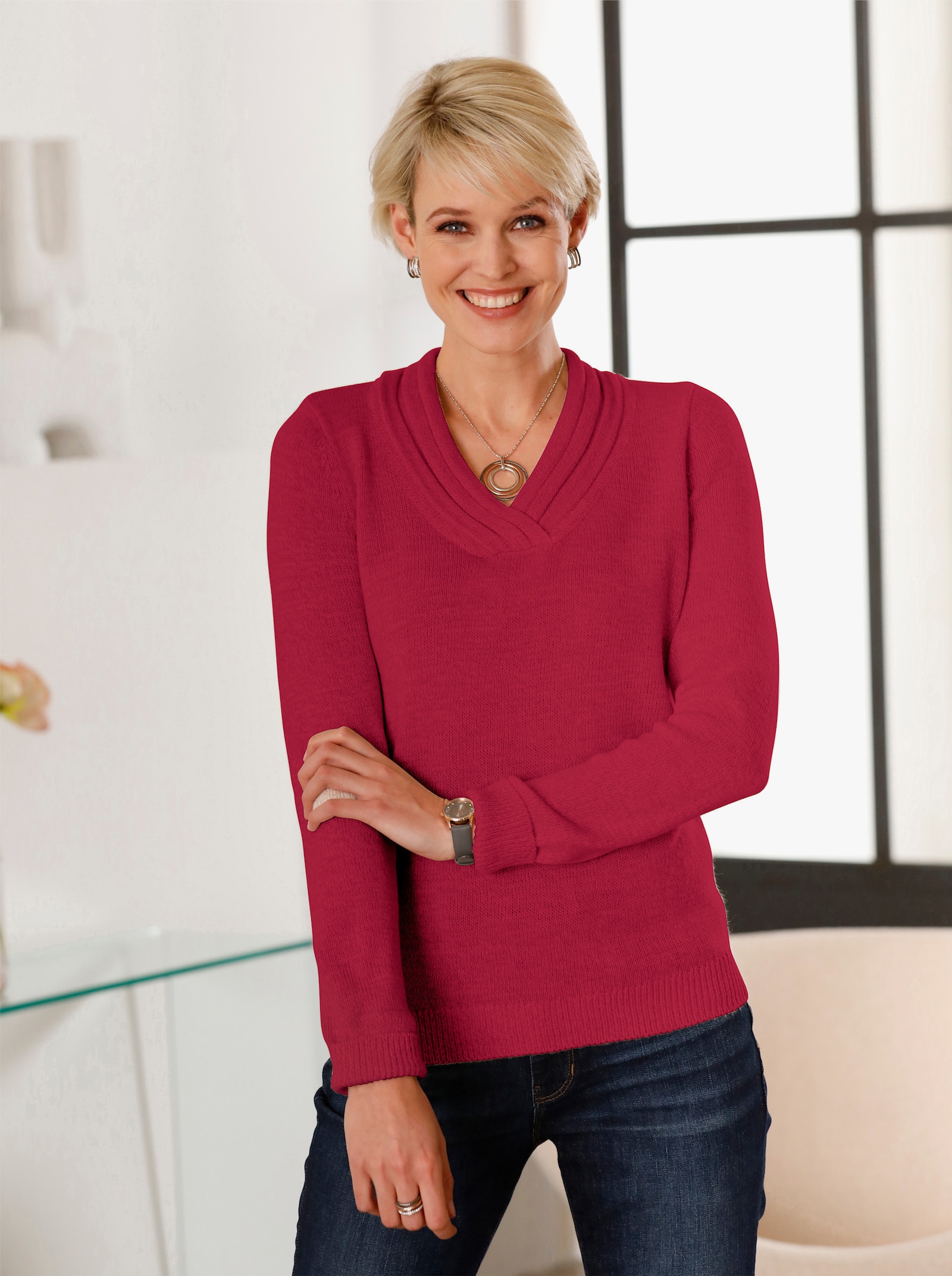 V-Ausschnitt-Pullover mit Rollkante - himbeere