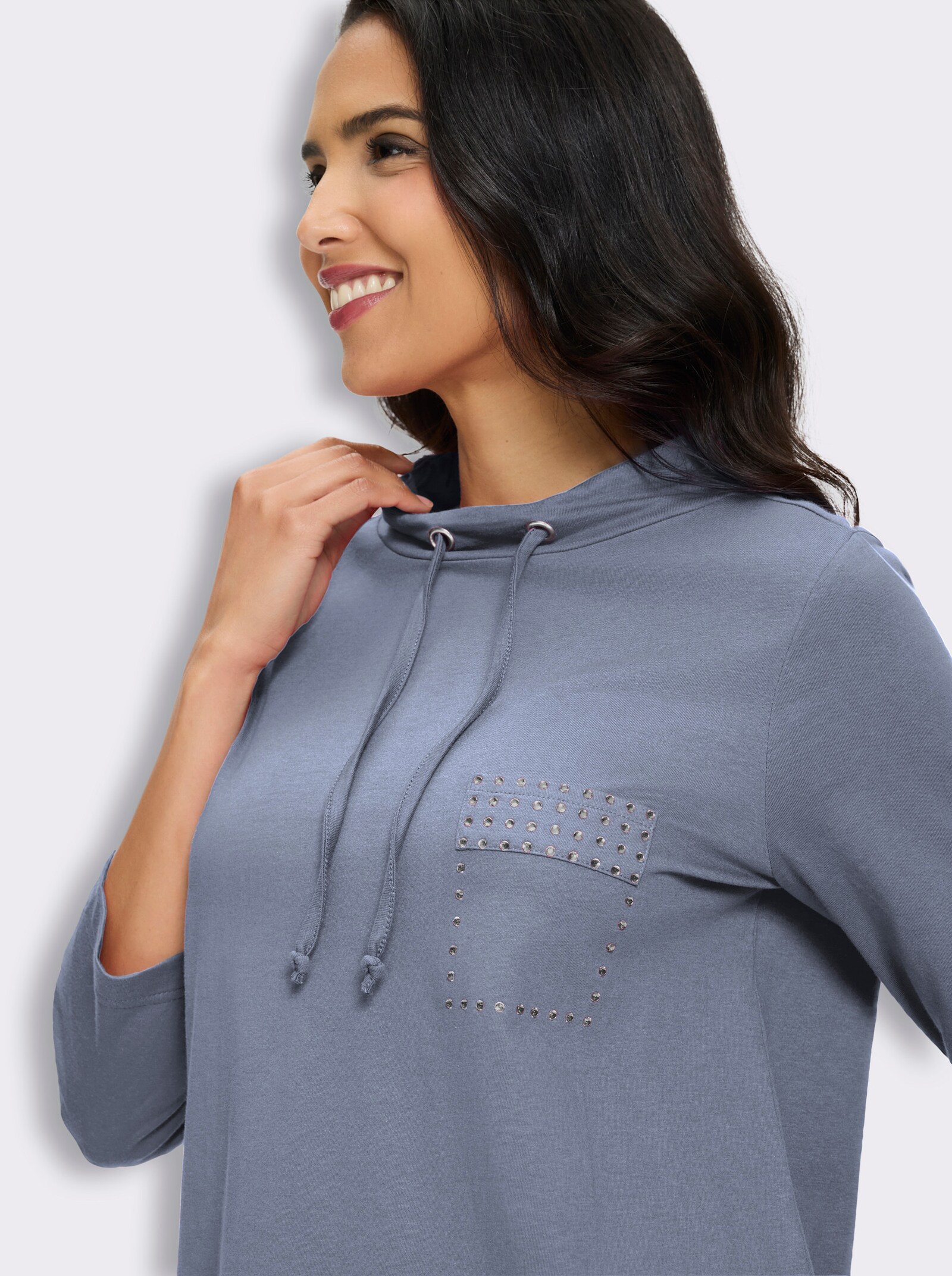 Longshirt mit Glitzersteinchen - taubenblau