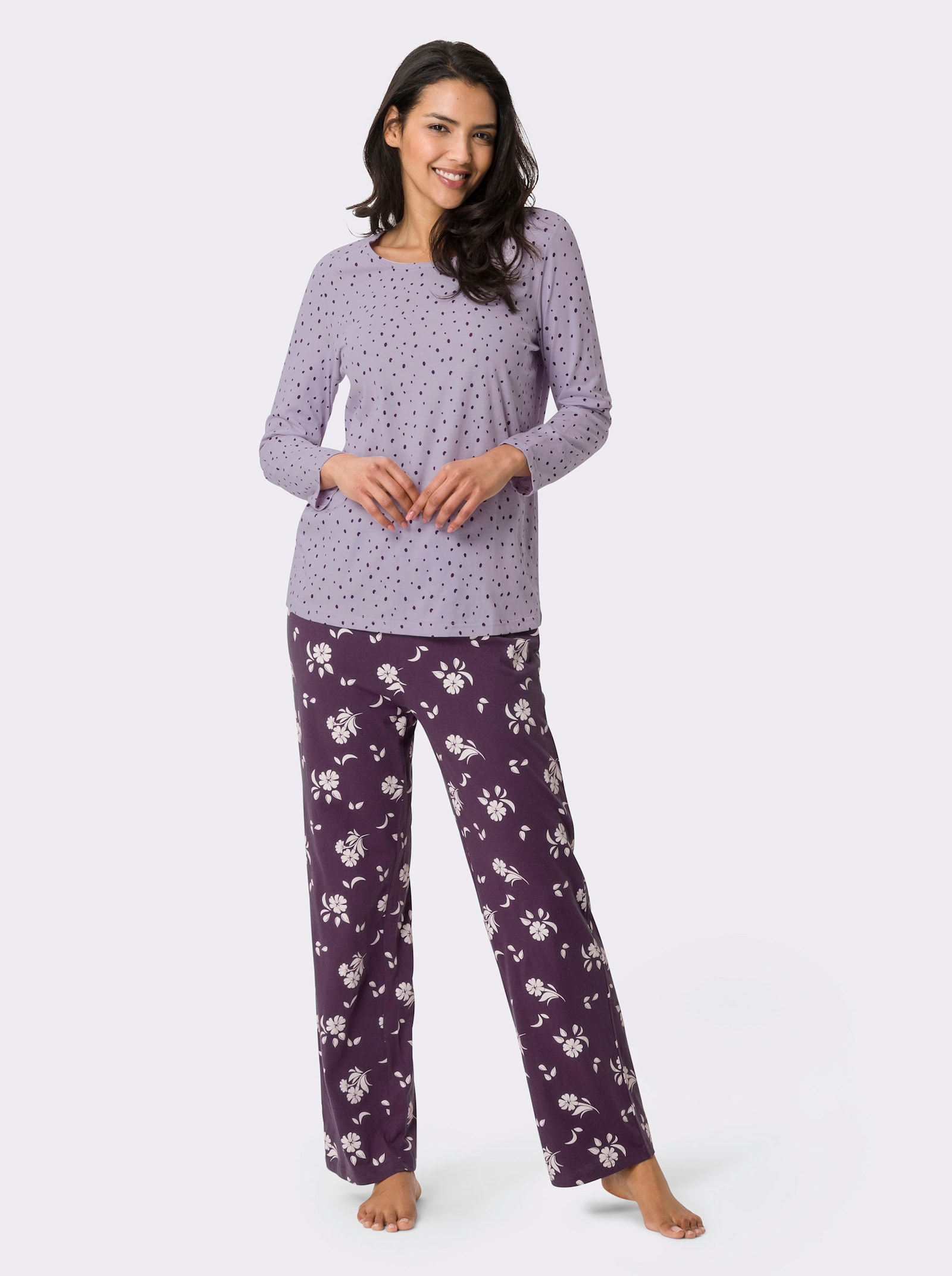 Schlafanzug mit Pünktchen- und Blumen-Muster - flieder-traube-bedruckt