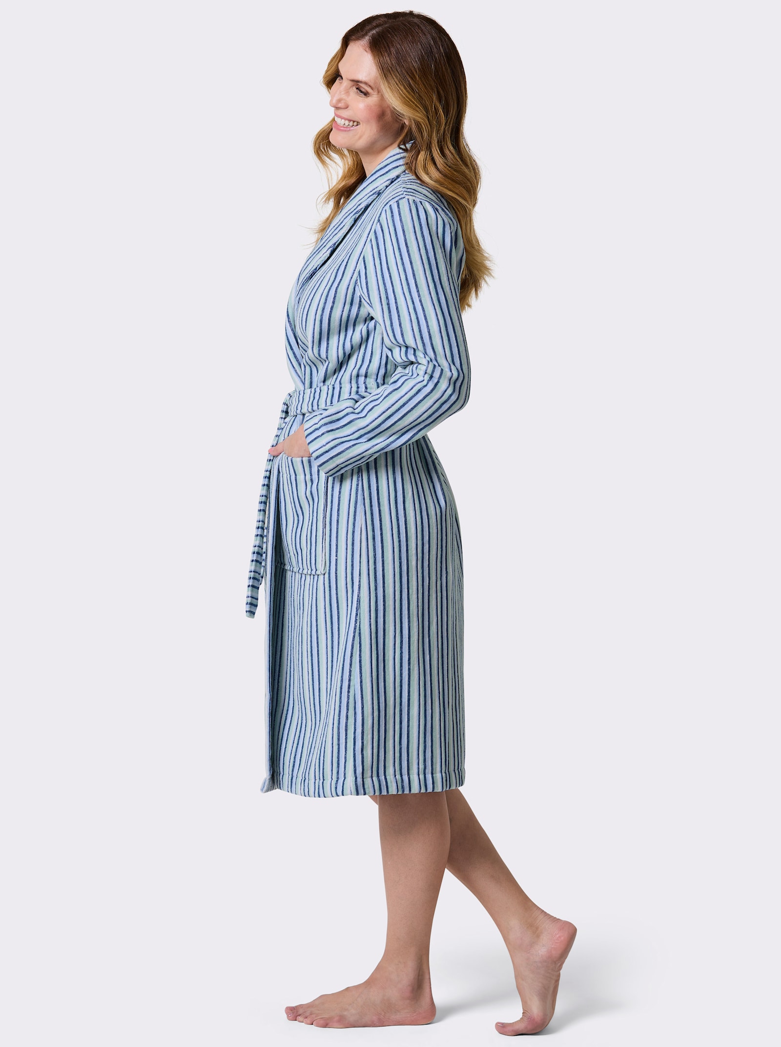 feel good Damenbademantel mit Längsstreifen - kalkmint-jeansblau-gestreift