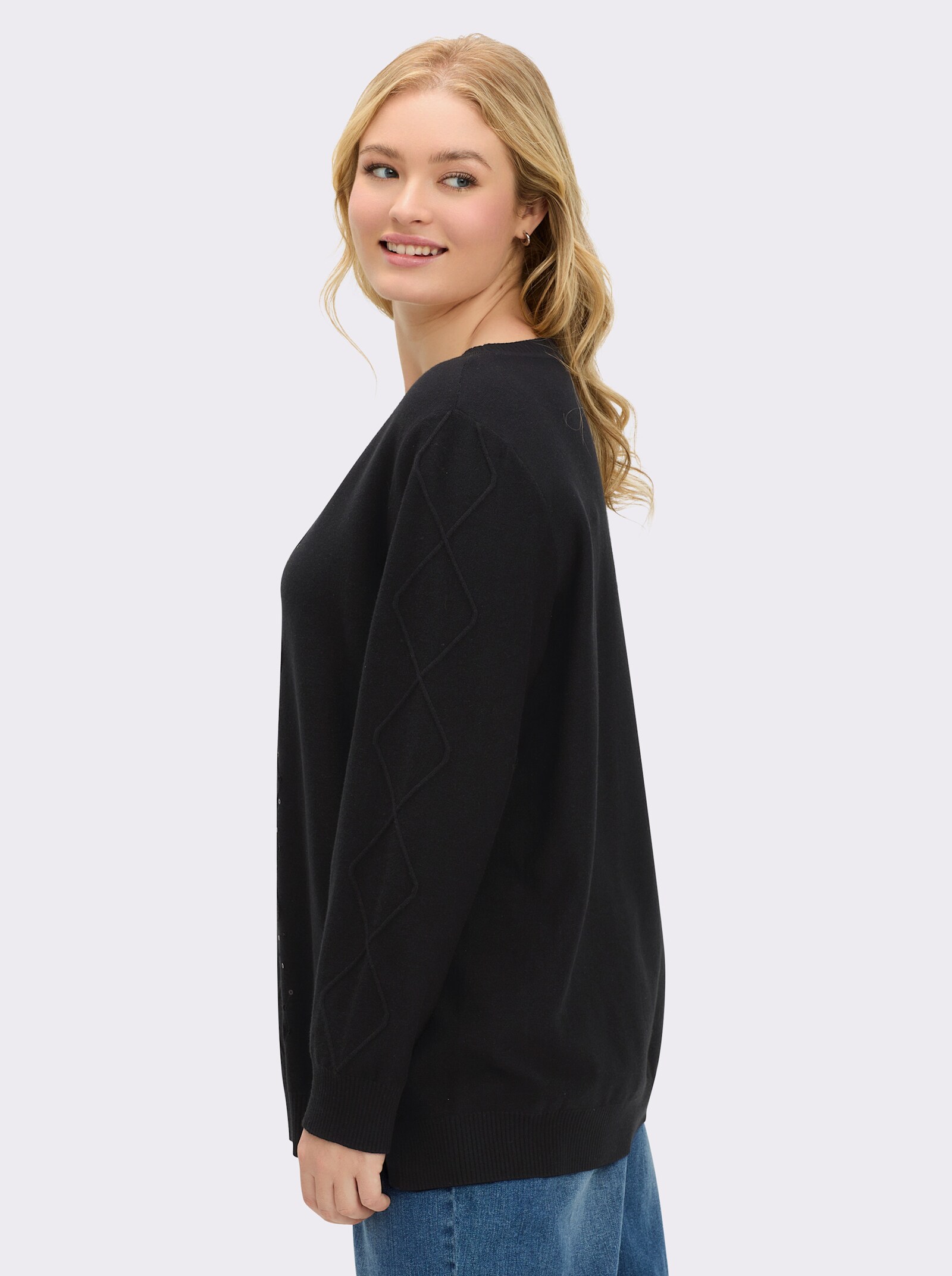 sheego Pullover mit Rautenmuster und Glitzersteinchen - schwarz