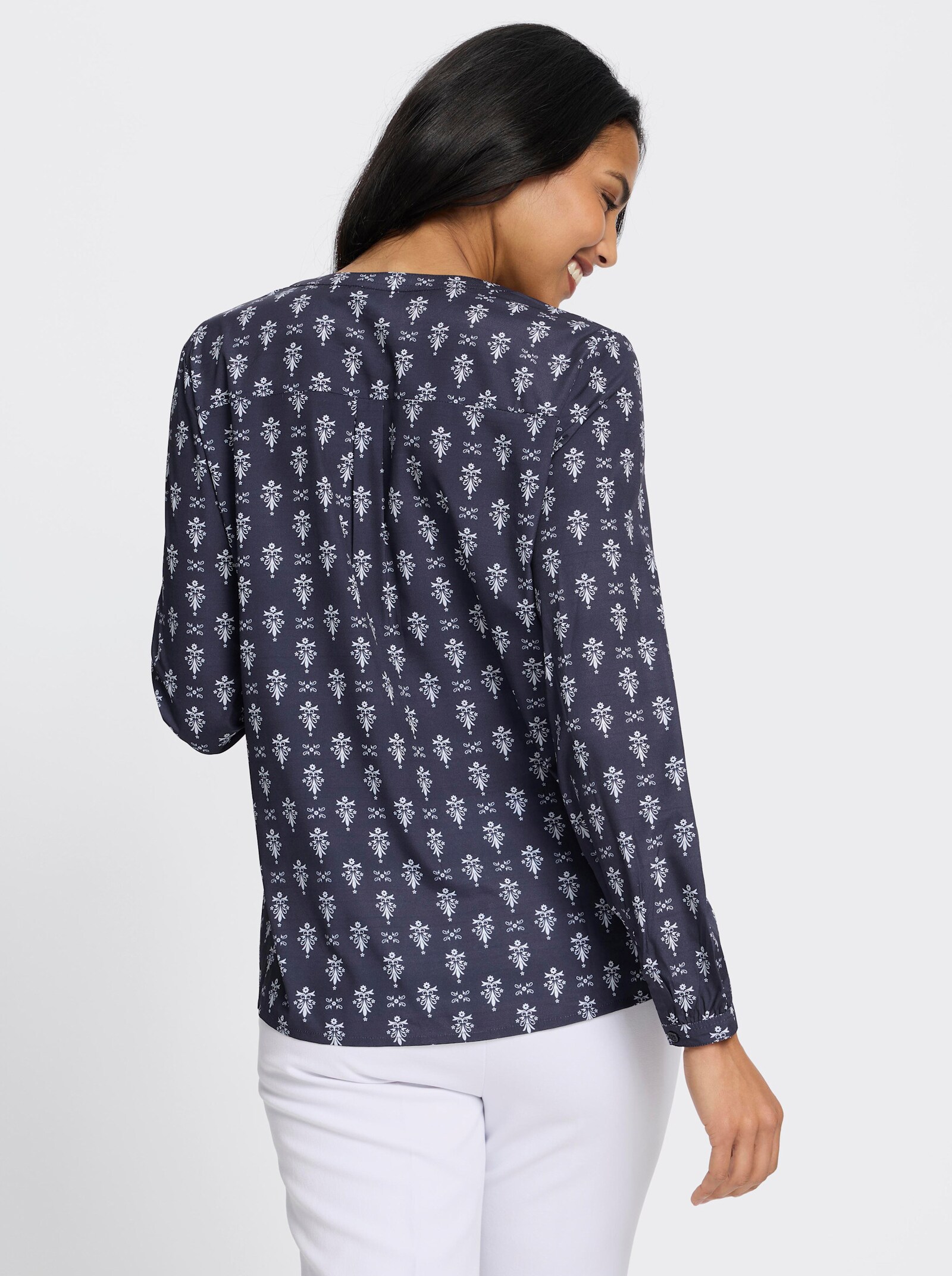 Schlupfbluse mit kurzer Knopfleiste - marine-ecru-bedruckt