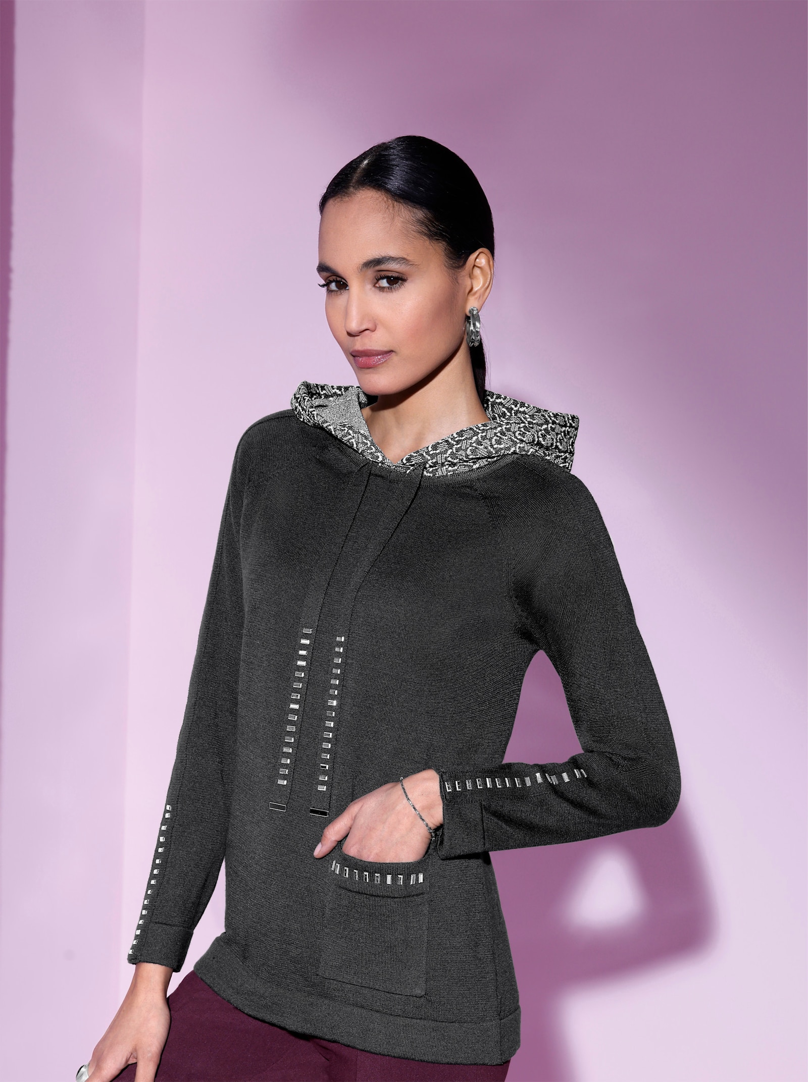 Kapuzenpullover mit hochwertiger Viskose - graphit-ecru-gemustert