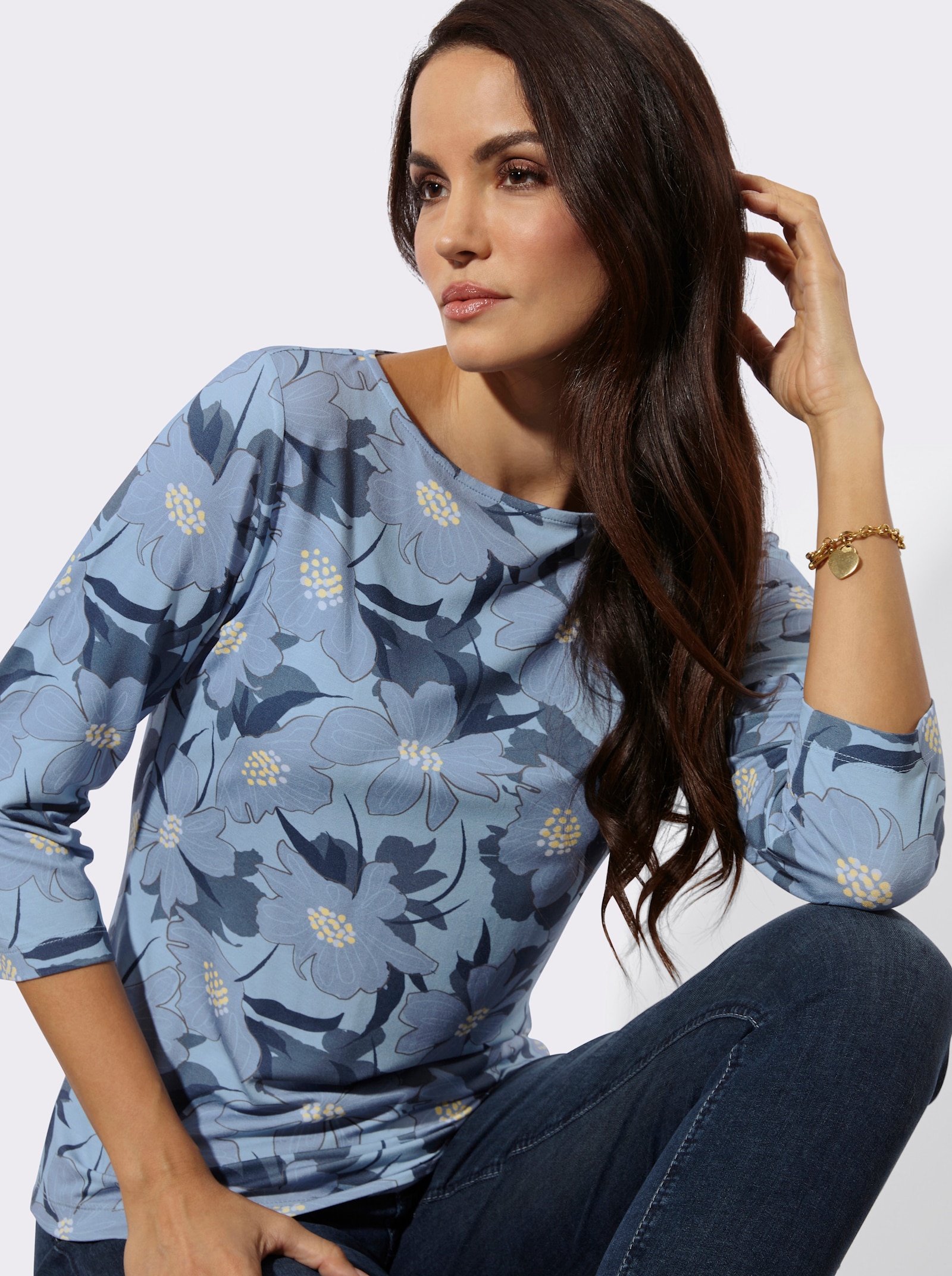 3/4-Arm-Shirt mit Blumen-Druck - eisblau-ecru-bedruckt
