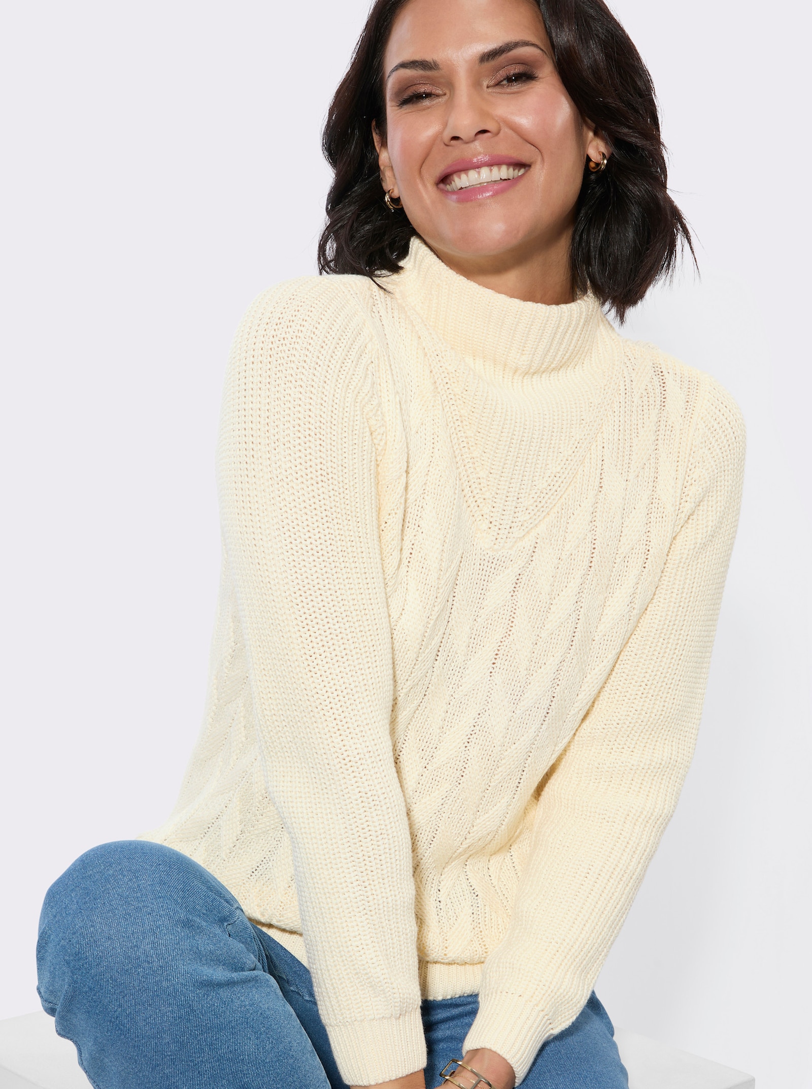 Langarm-Pullover mit Zopfmuster - champagner