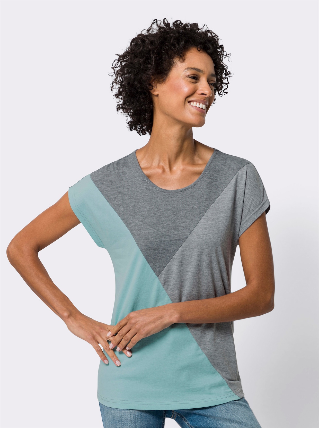 Shirt met ronde hals - antraciet/mint