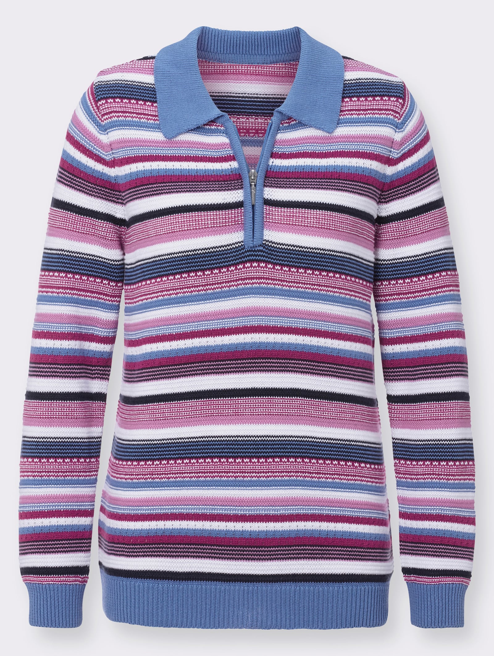 Langarm-Pullover mit Struktur- und Ajourmuster-Mix - kornblume-erika-geringelt