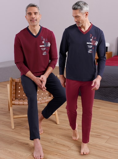 wäschepur men Schlafanzüge - dunkelrot-bedruckt + marine-bedruckt