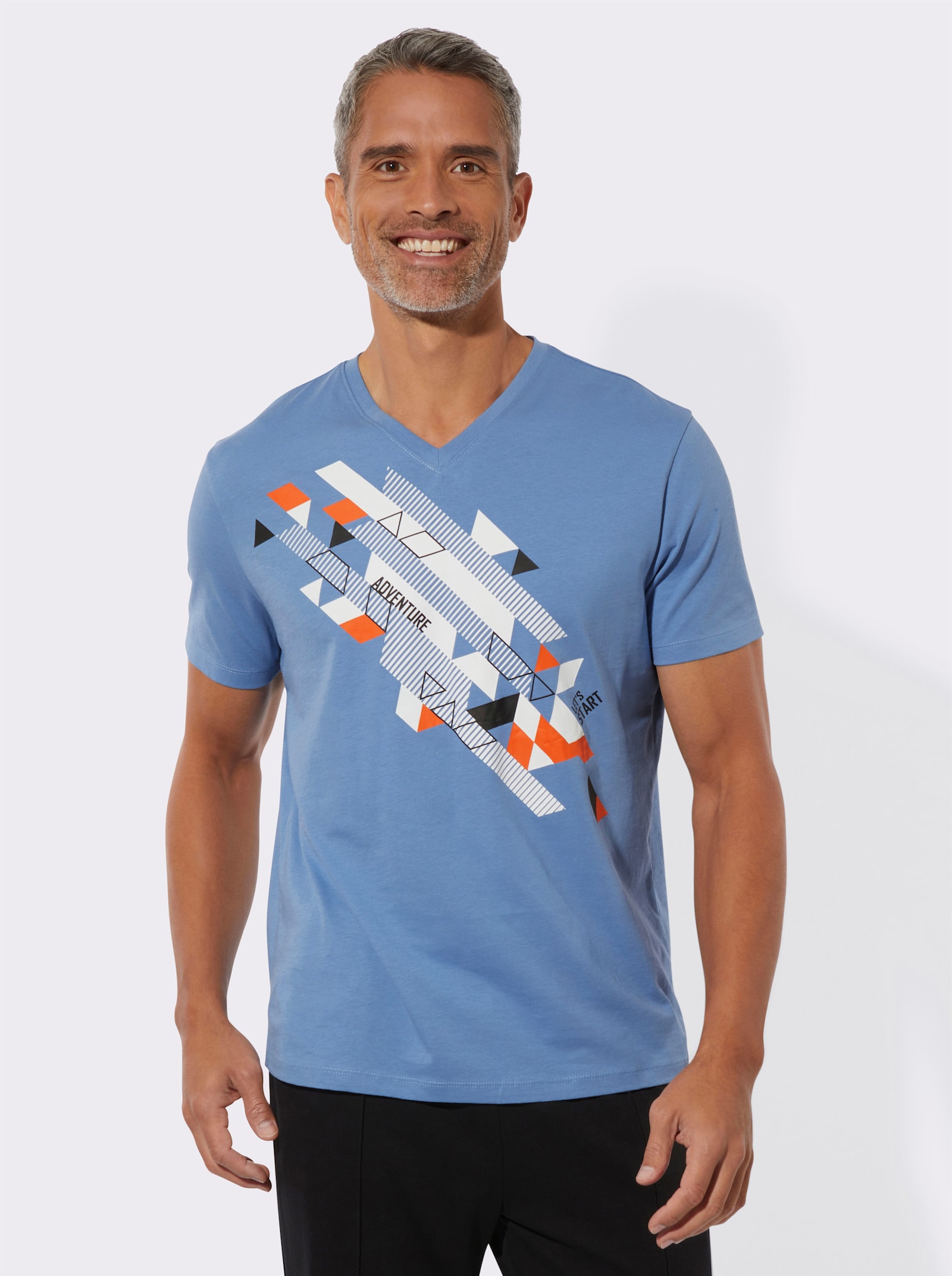 Tričko s krátkymi rukávmi a umiestnenou potlačou - jemná modrá