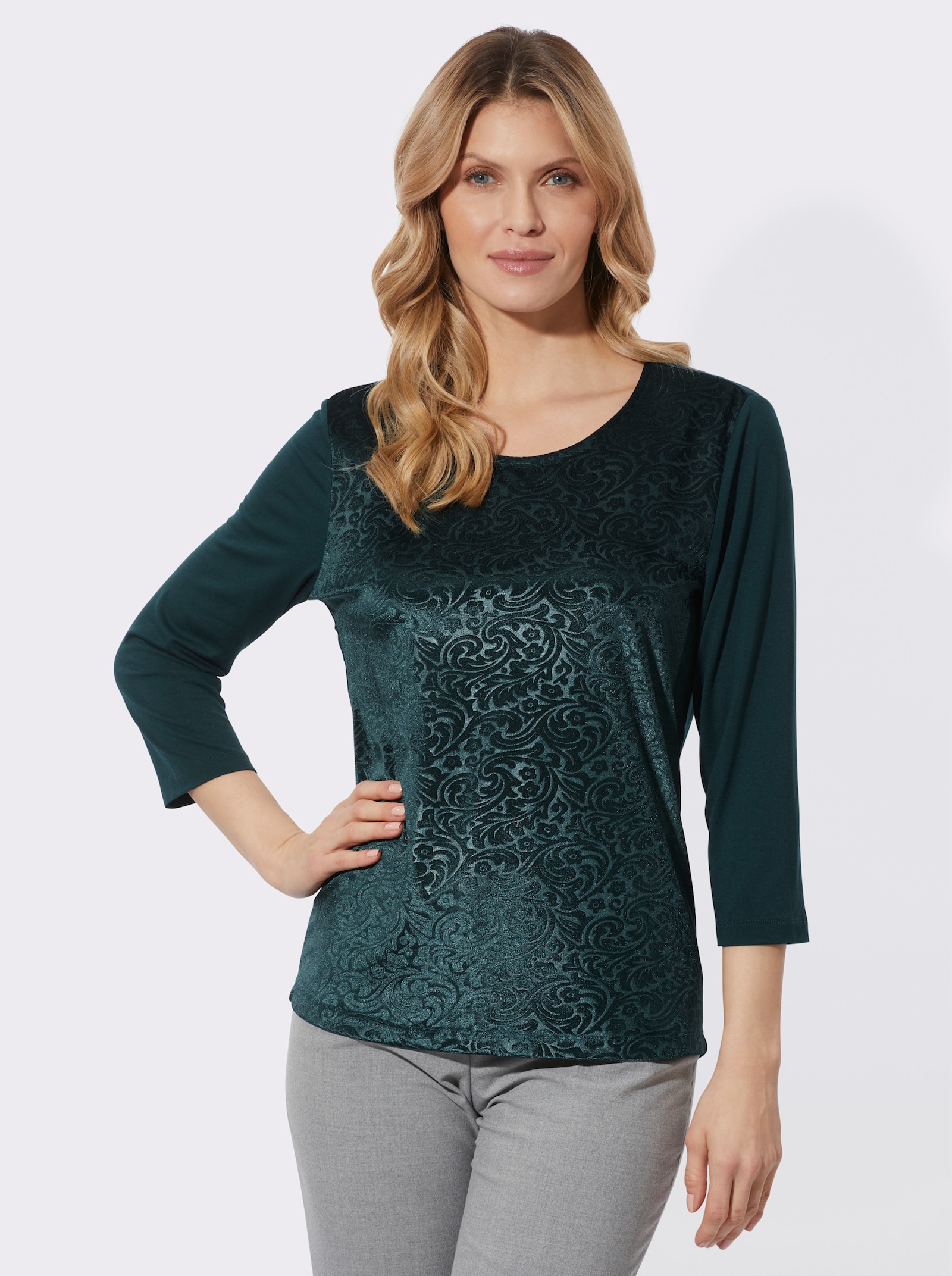 3/4-Arm-Shirt in Samt-Optik - petrol