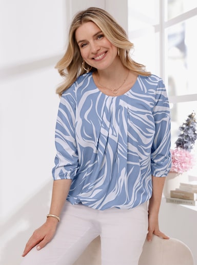 Schlupfbluse mit elastischen Abschlüssen - ecru-bleu-bedruckt